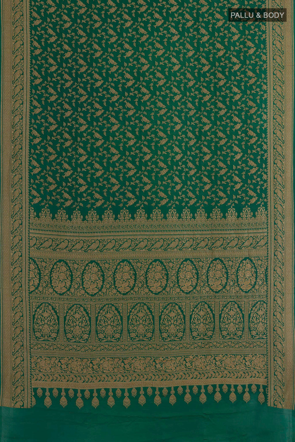 Flat view of Green Banarasi Georgette Saree with Zari Brocade on the body and Zari Border. 