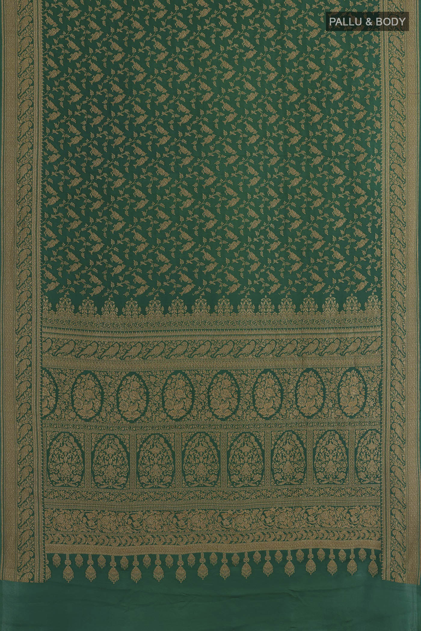 Flat view of Green Banarasi Georgette Saree with Zari Brocade on the body and Zari Border. 
