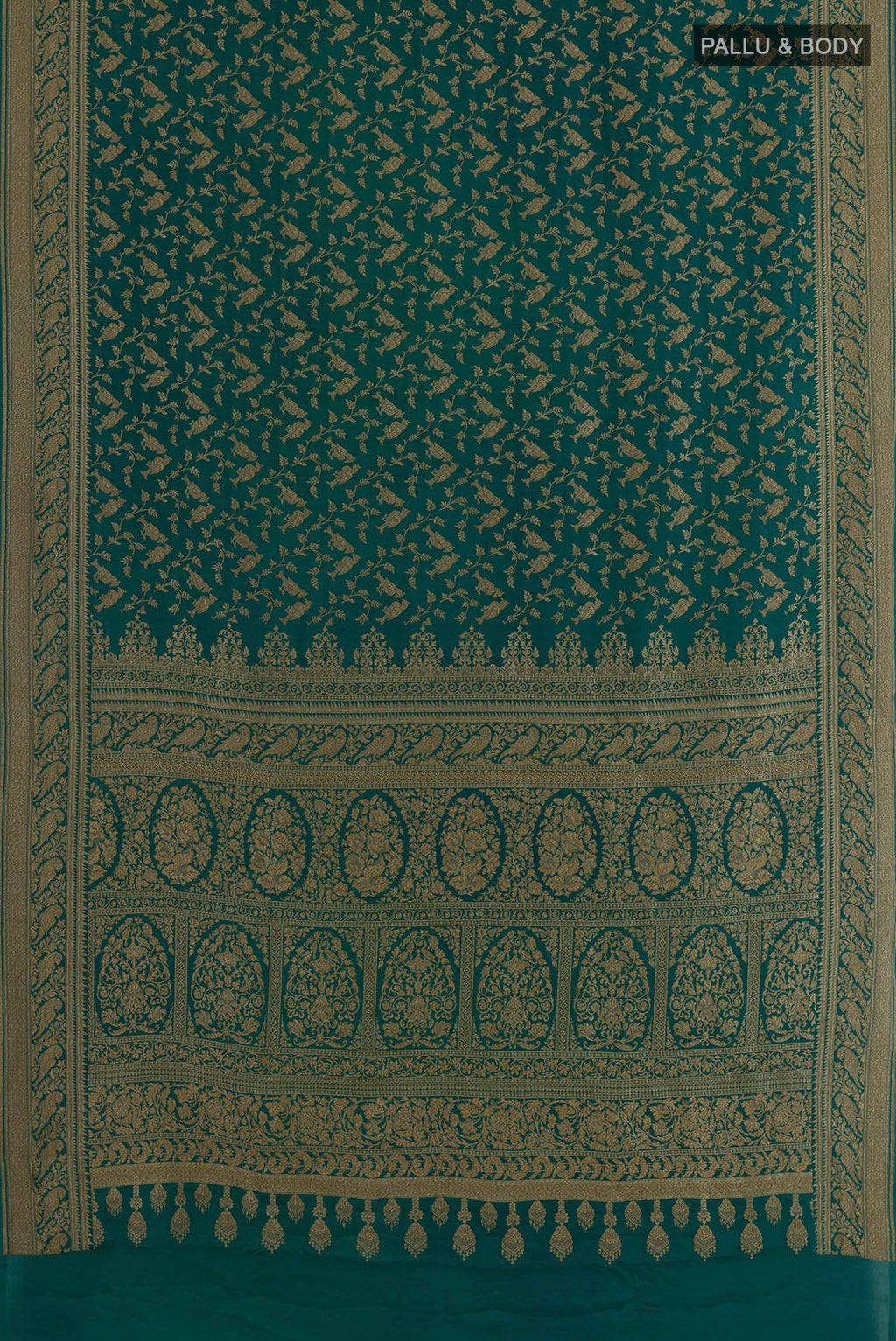 Flat view of Teal Banarasi Georgette Saree with Zari Brocade on the body and Zari Border. 