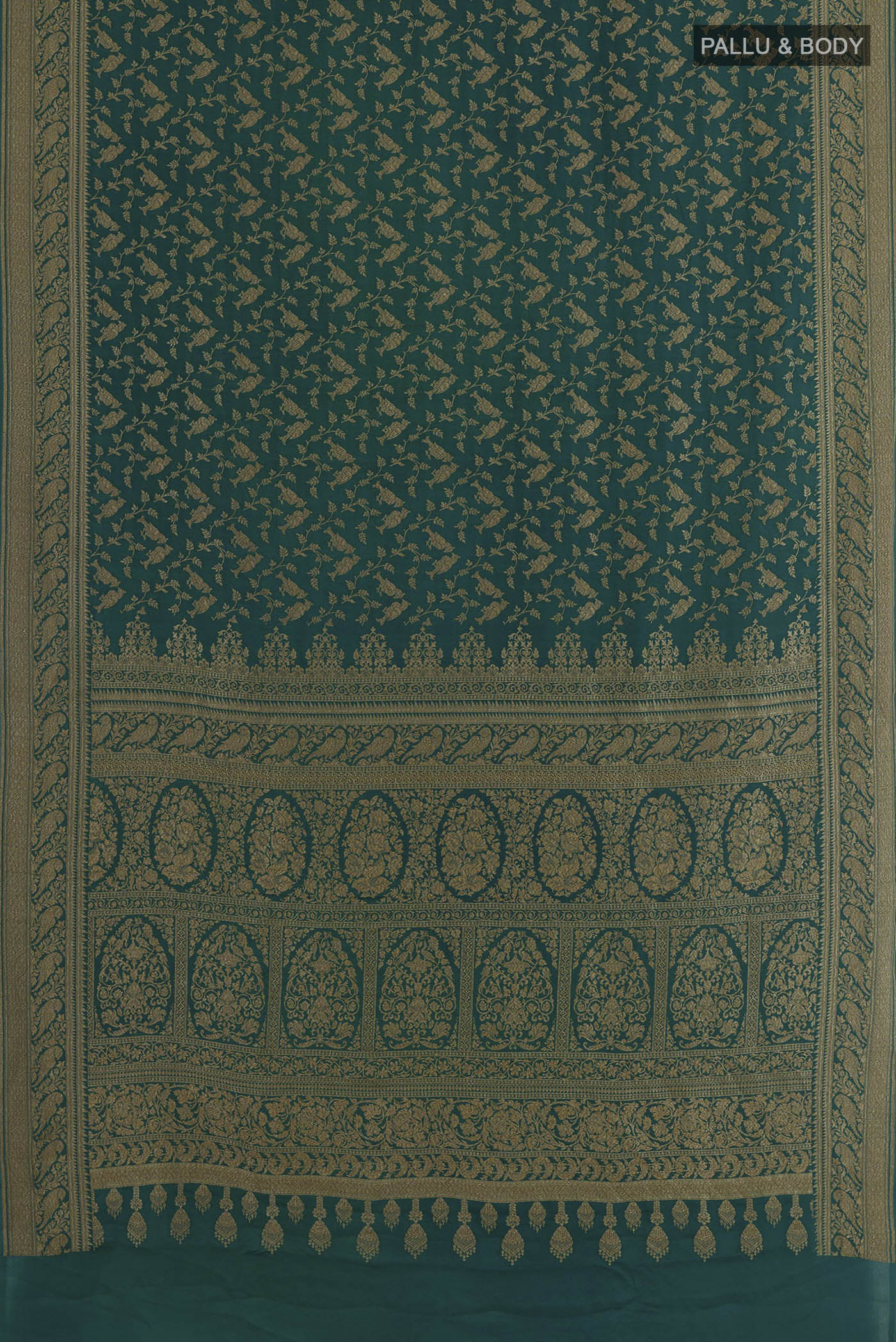 Flat view of Teal Banarasi Georgette Saree with Zari Brocade on the body and Zari Border. 