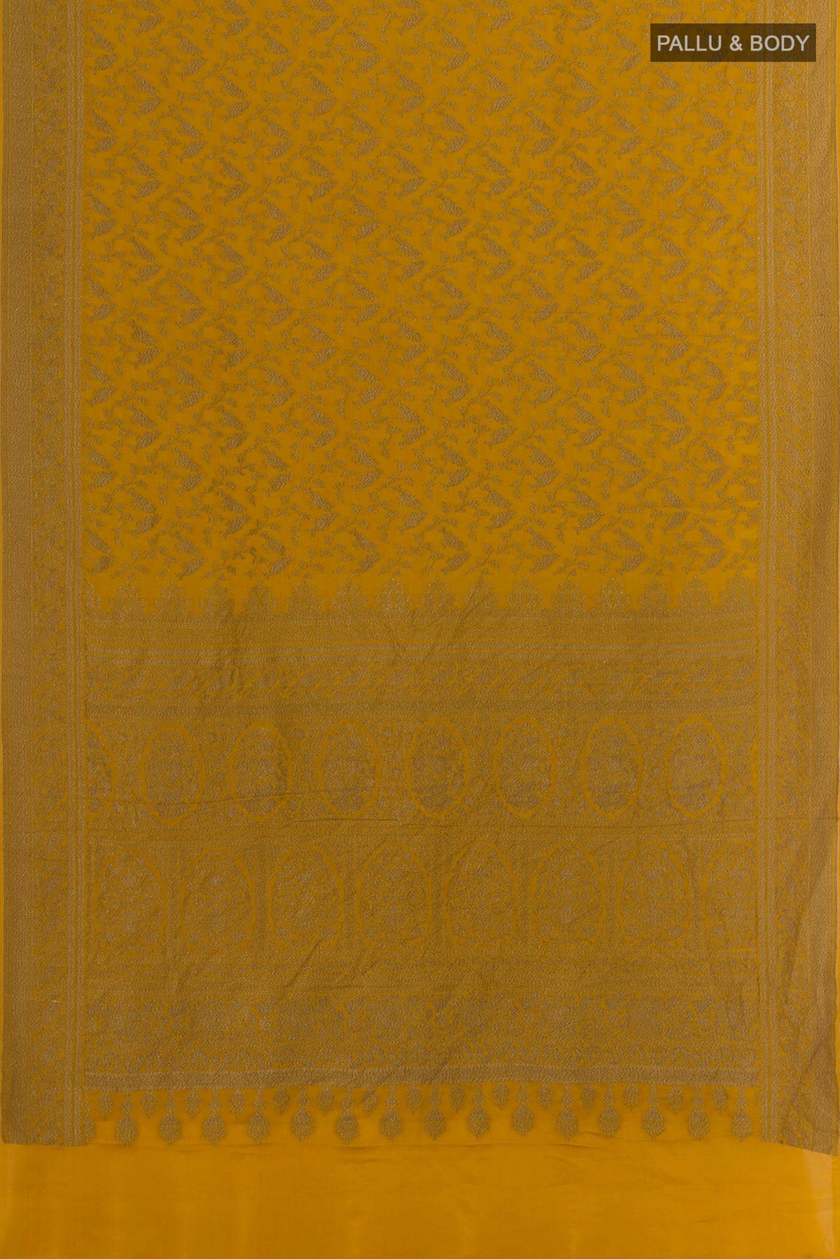 Flat view of Mustard Banarasi Georgette Saree with Zari Brocade on the body and Zari Border. 