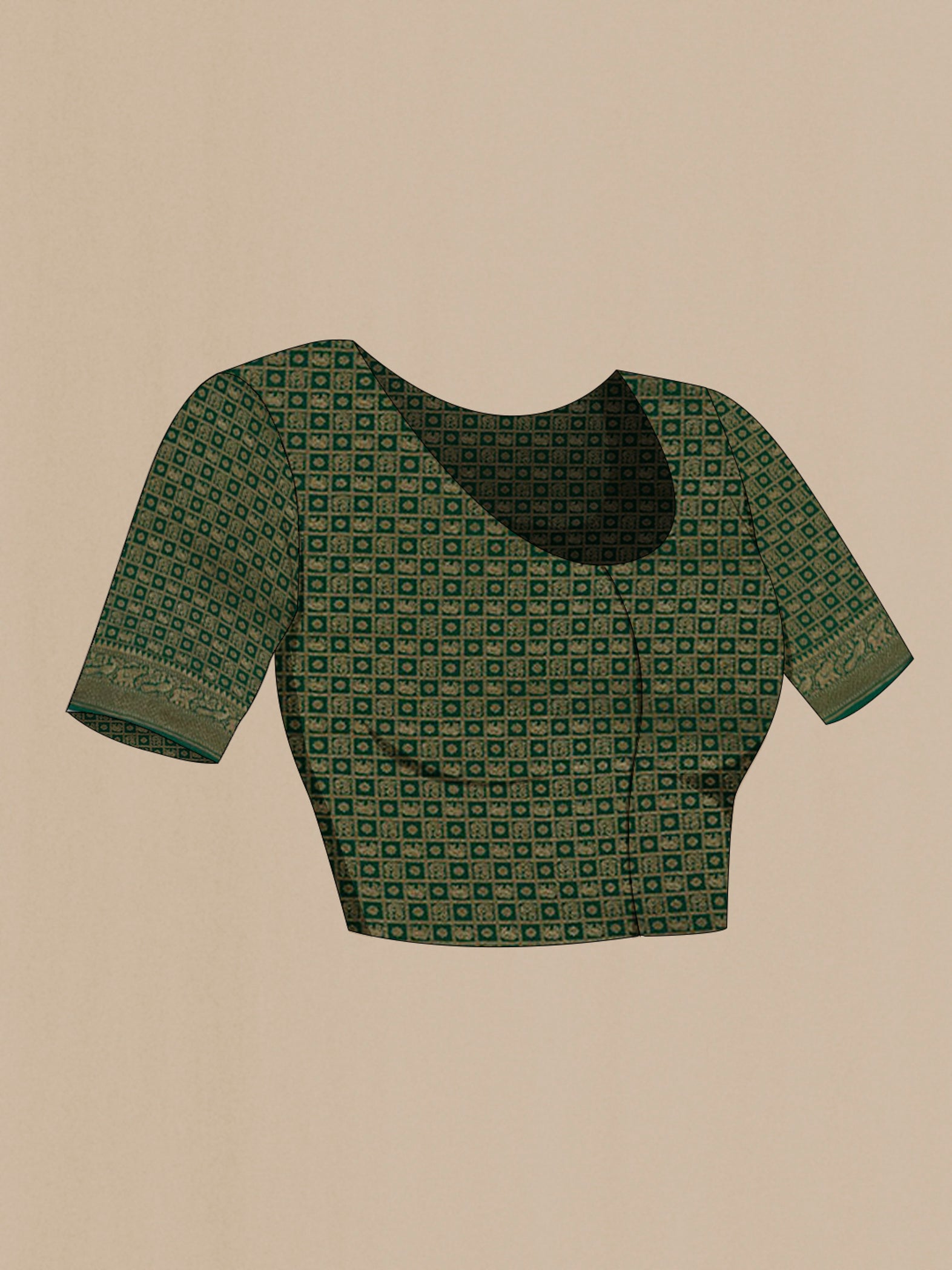 Close up image of the blouse of Bottle Green Banarasi Georgette Saree with Zari Brocade on the body and Zari Border. 