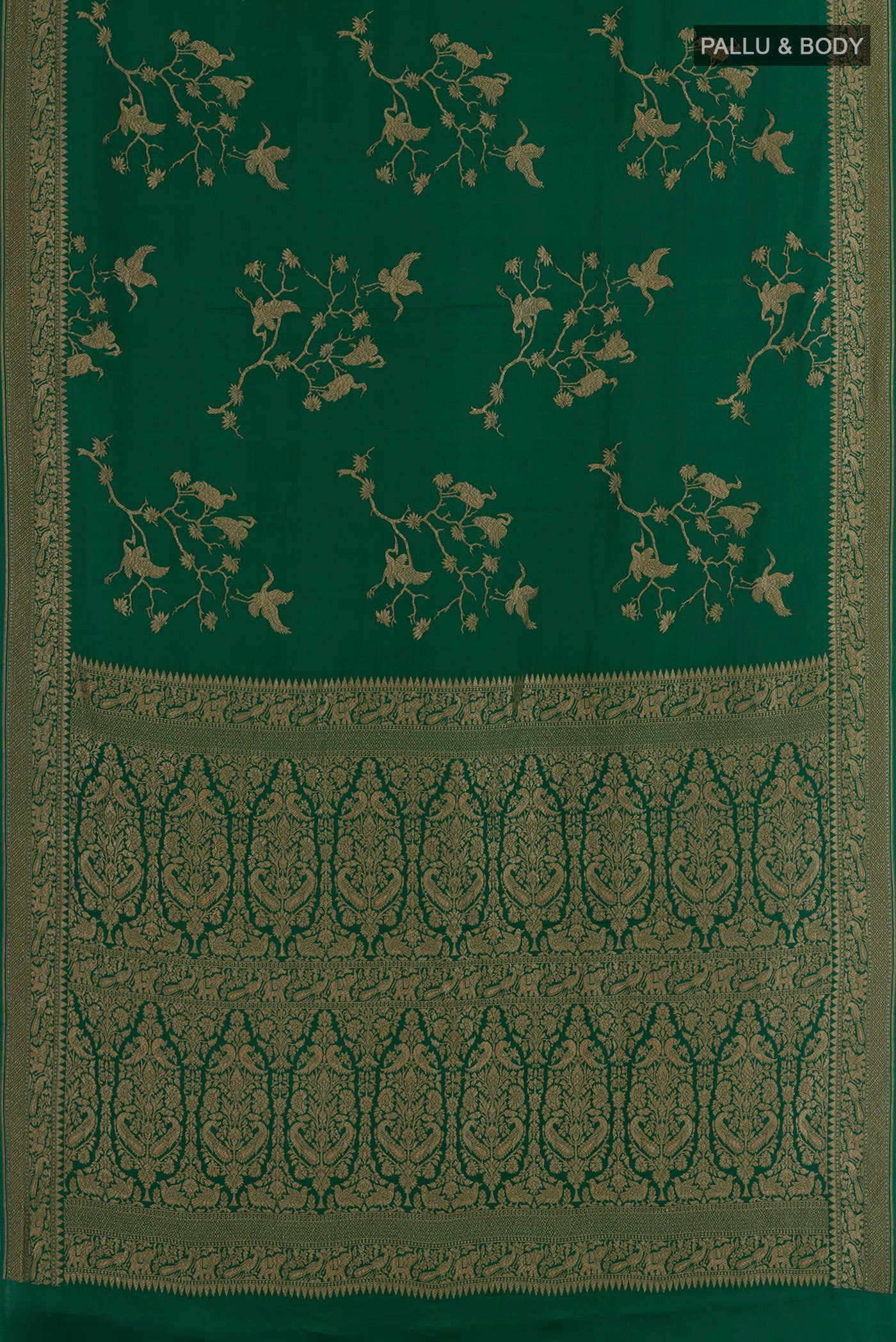 Flat view of Bottle Green Banarasi Georgette Saree with Zari Brocade on the body and Zari Border. 