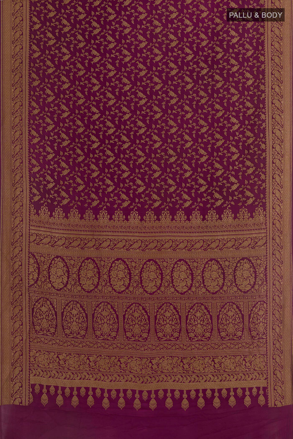 Flat view of Purple Banarasi Georgette Saree with Zari Brocade on the body and Zari Border. 