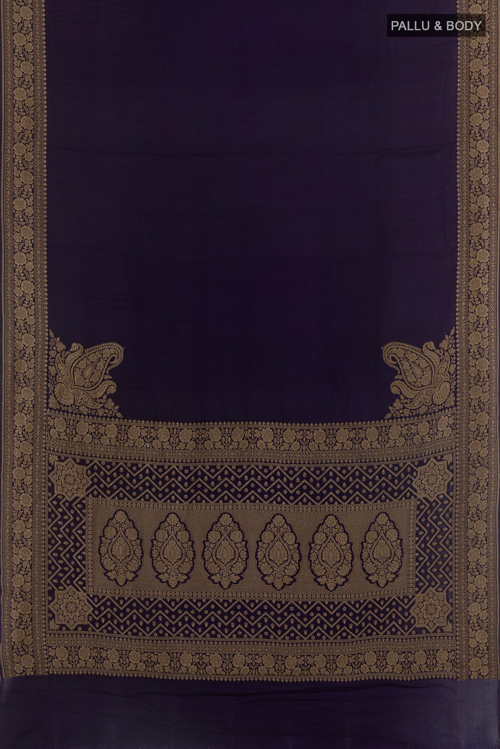 Flat view of Navy Blue Banarasi Georgette Saree with Plain Body and Zari Border. 