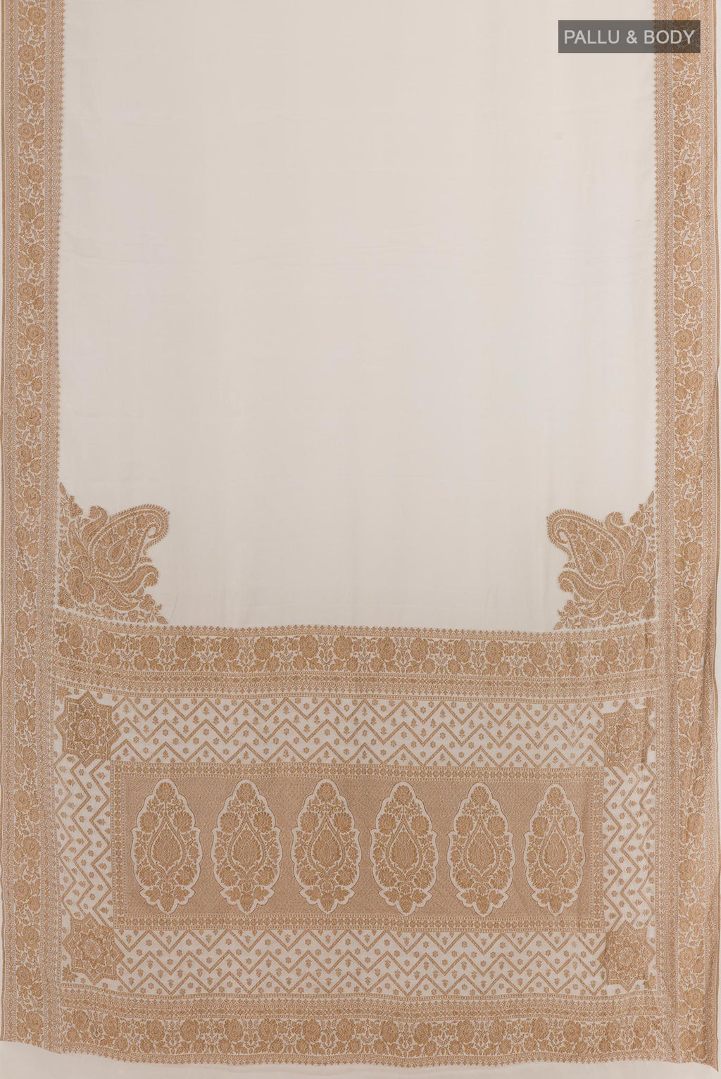 Flat view of Cream Banarasi Georgette Saree with Plain Body and Zari Border. 