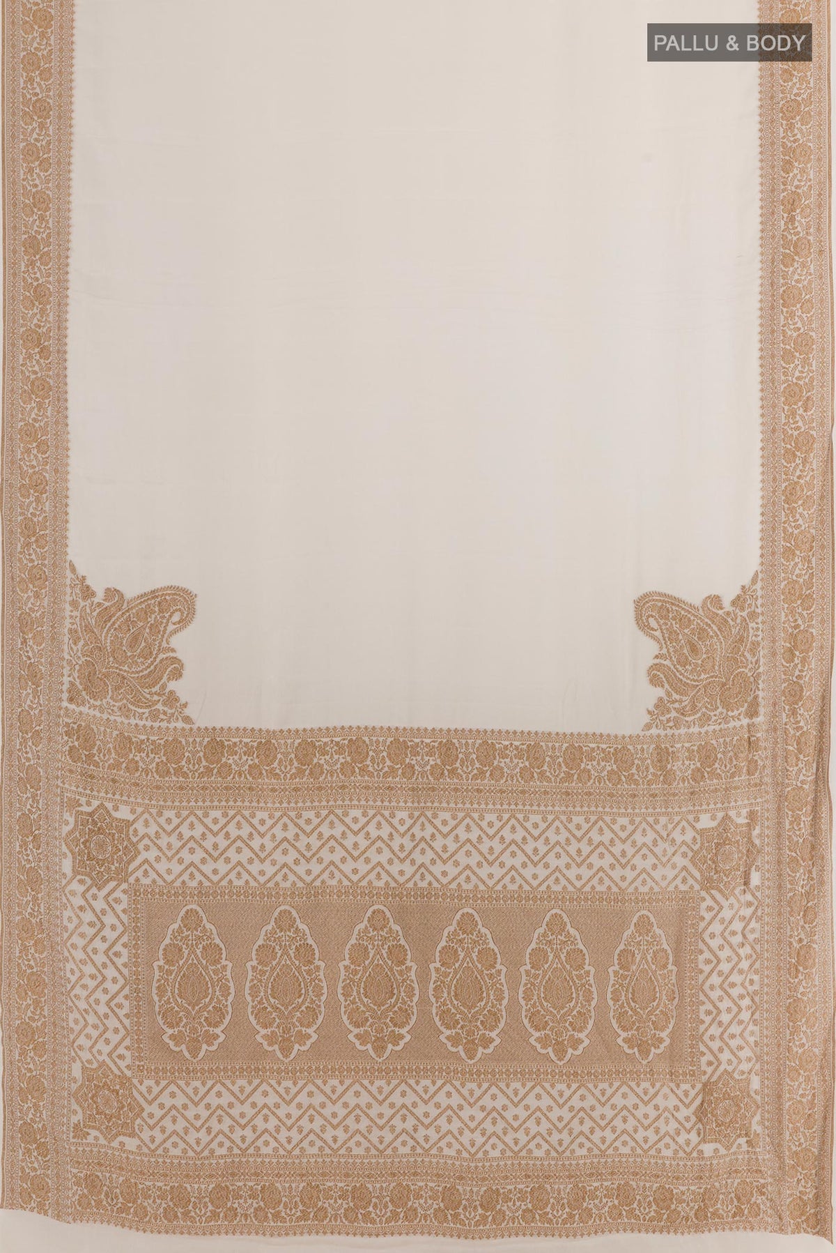 Flat view of Cream Banarasi Georgette Saree with Plain Body and Zari Border. 