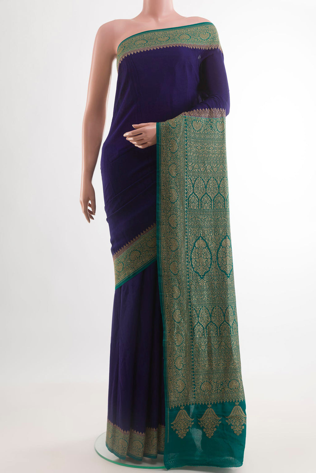 Navy Blue Banarasi Georgette Saree with Plain Body and Zari Border.  displayed on a mannequin