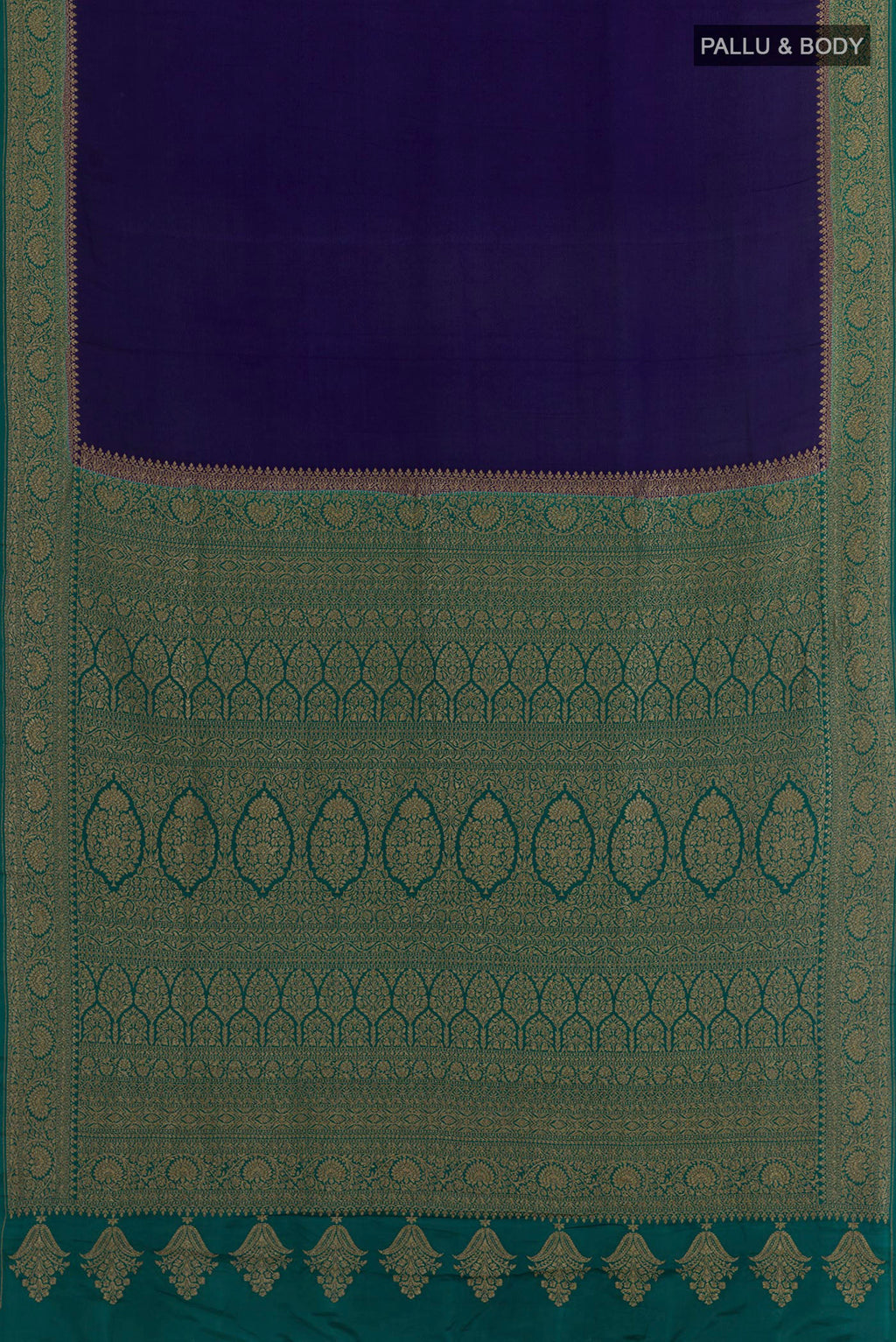 Flat view of Navy Blue Banarasi Georgette Saree with Plain Body and Zari Border. 