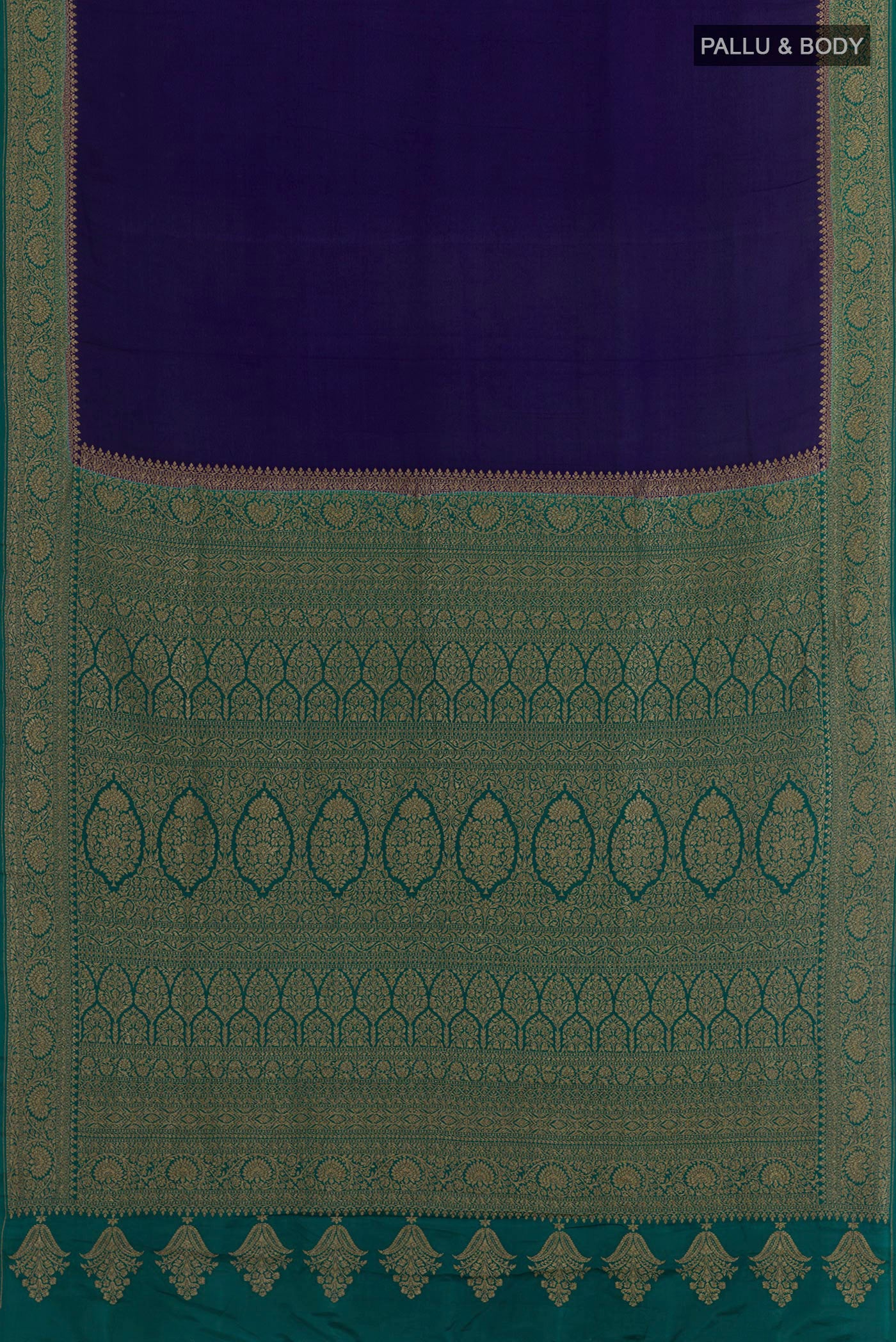 Flat view of Navy Blue Banarasi Georgette Saree with Plain Body and Zari Border. 
