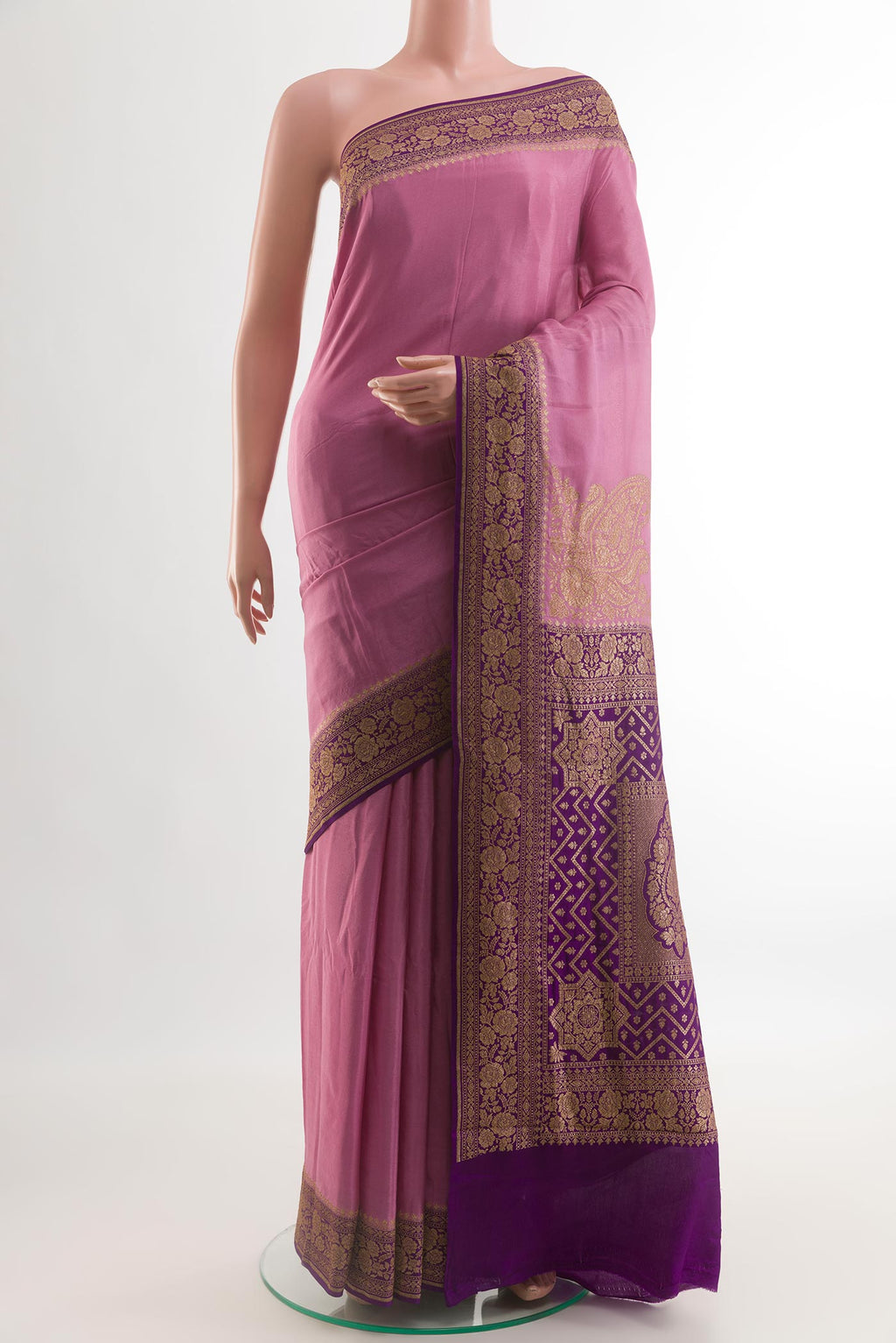 Pink Banarasi Georgette Saree with Plain Body and Zari Border.  displayed on a mannequin