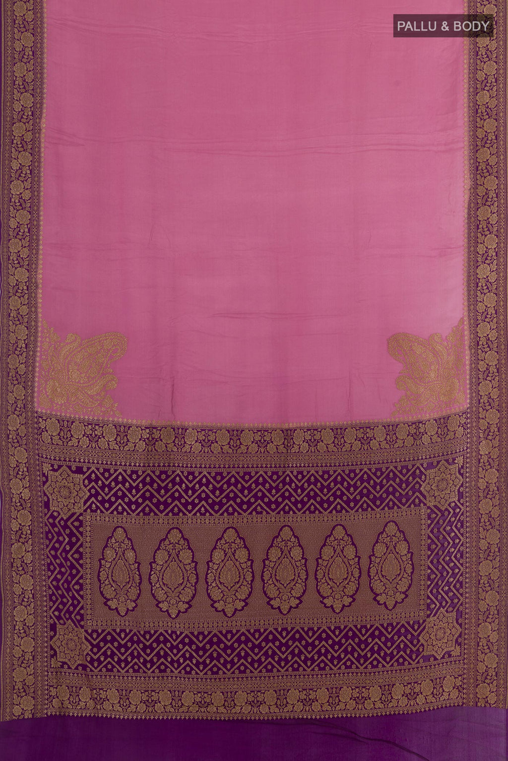 Flat view of Pink Banarasi Georgette Saree with Plain Body and Zari Border. 