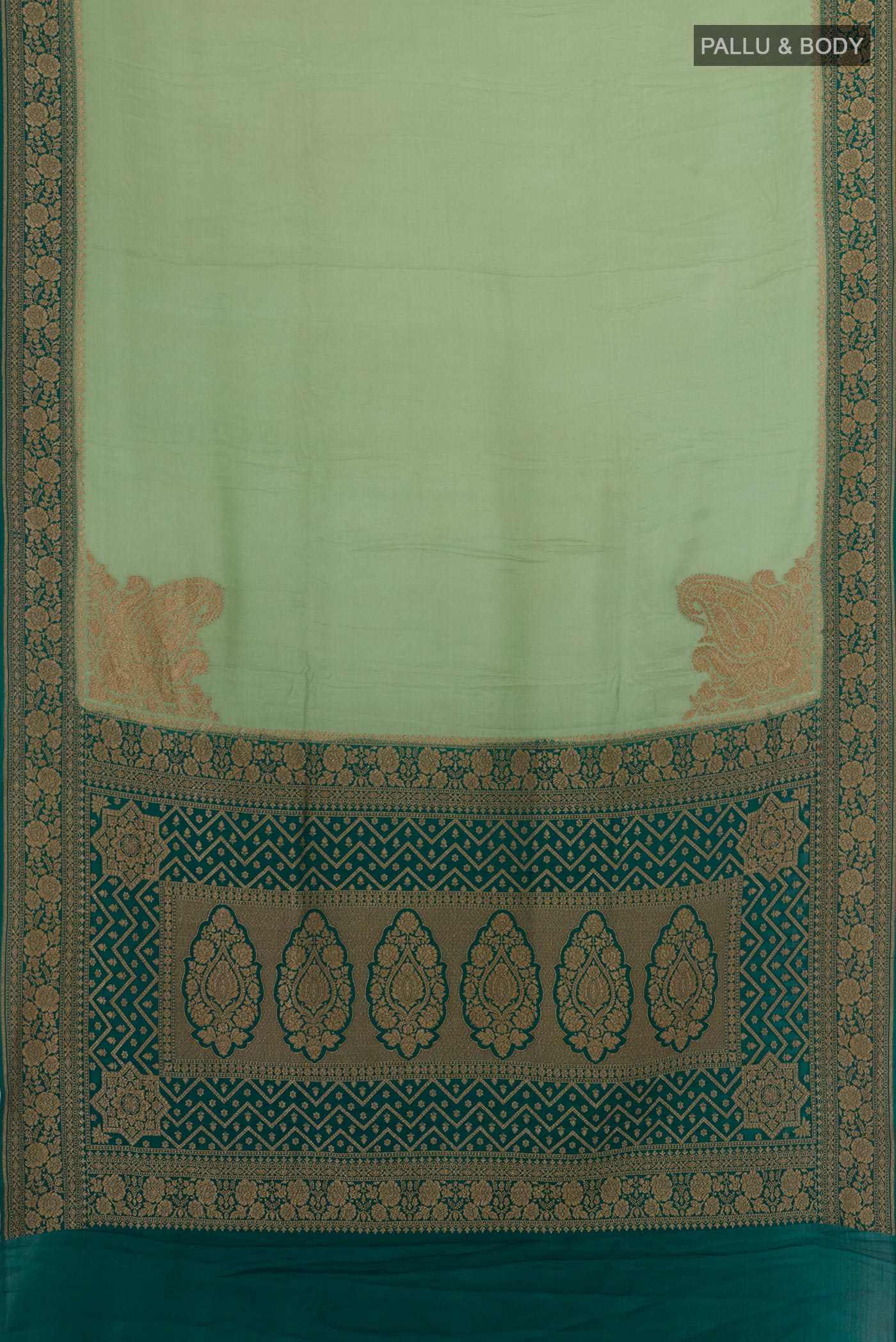 Flat view of Green Banarasi Georgette Saree with Plain Body and Zari Border. 