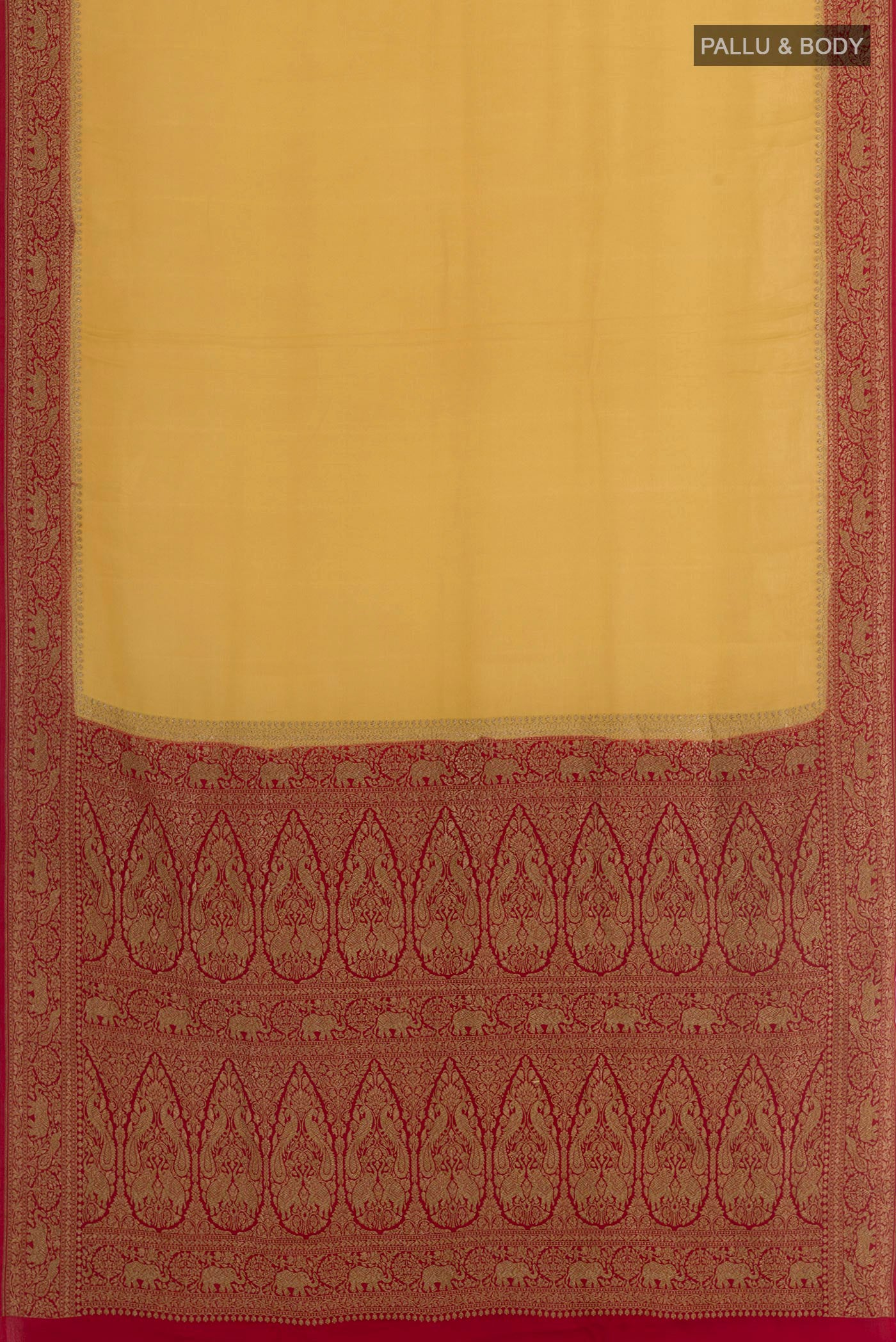 Flat view of Yellow Banarasi Georgette Saree with Plain Body and Zari Border. 