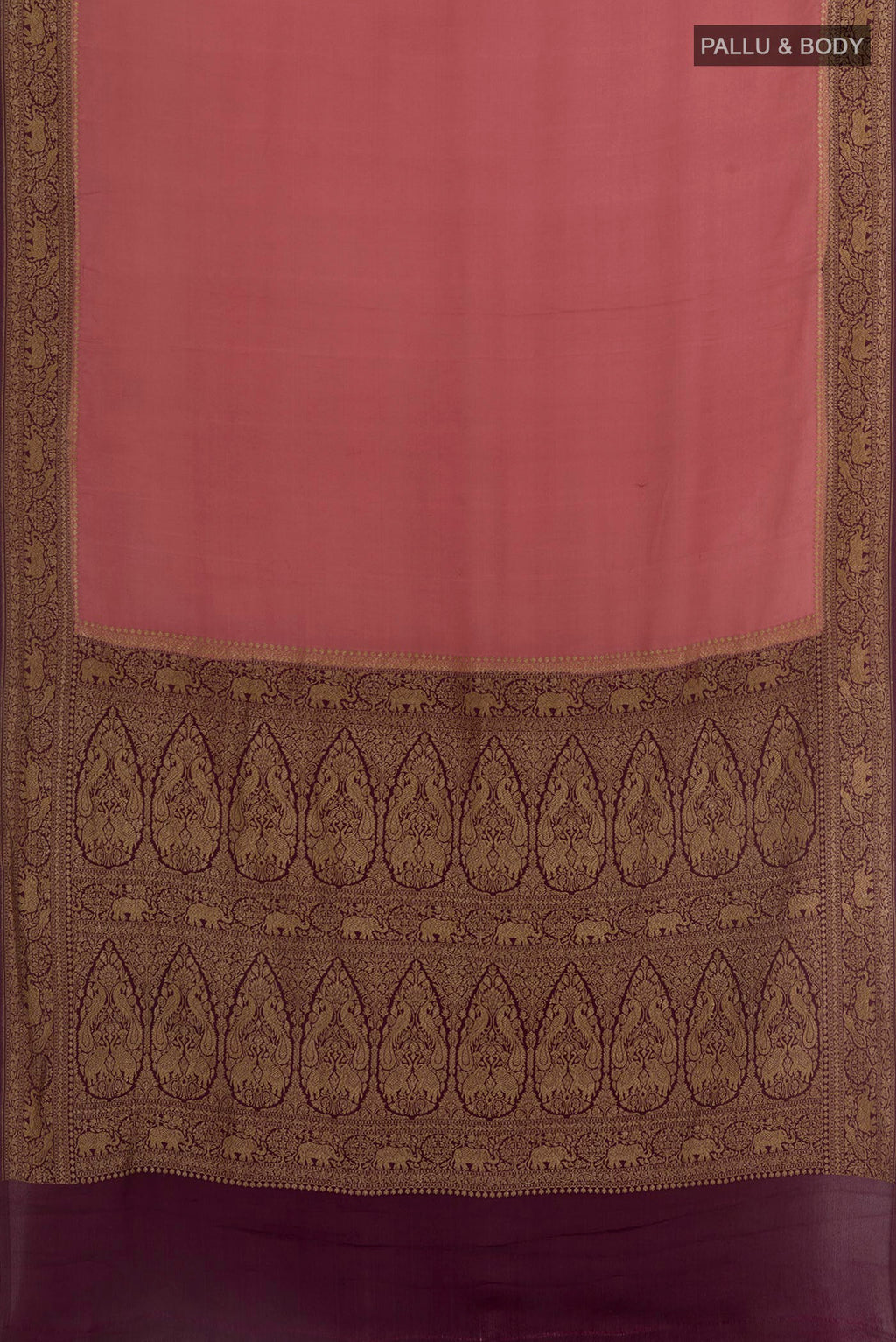 Flat view of Coral Banarasi Georgette Saree with Plain Body and Zari Border. 