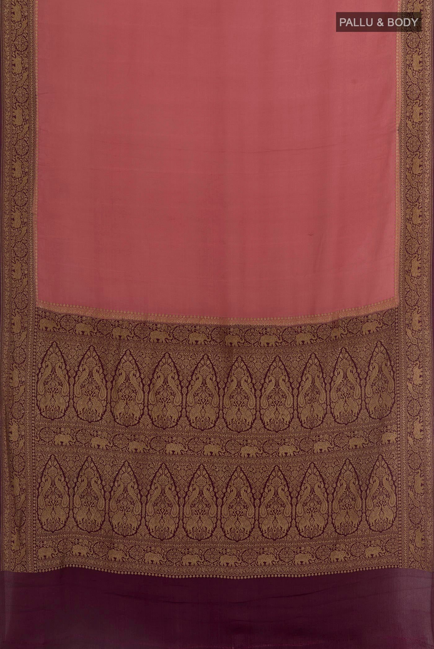 Flat view of Coral Banarasi Georgette Saree with Plain Body and Zari Border. 