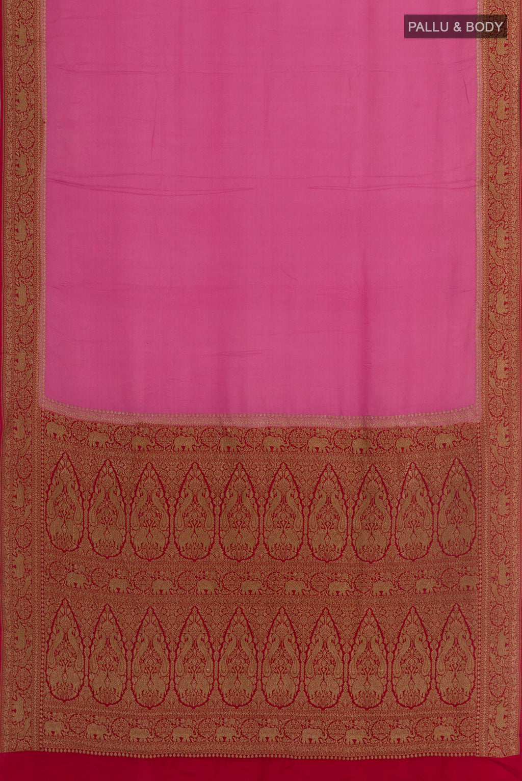 Flat view of Pink Banarasi Georgette Saree with Plain Body and Zari Border. 