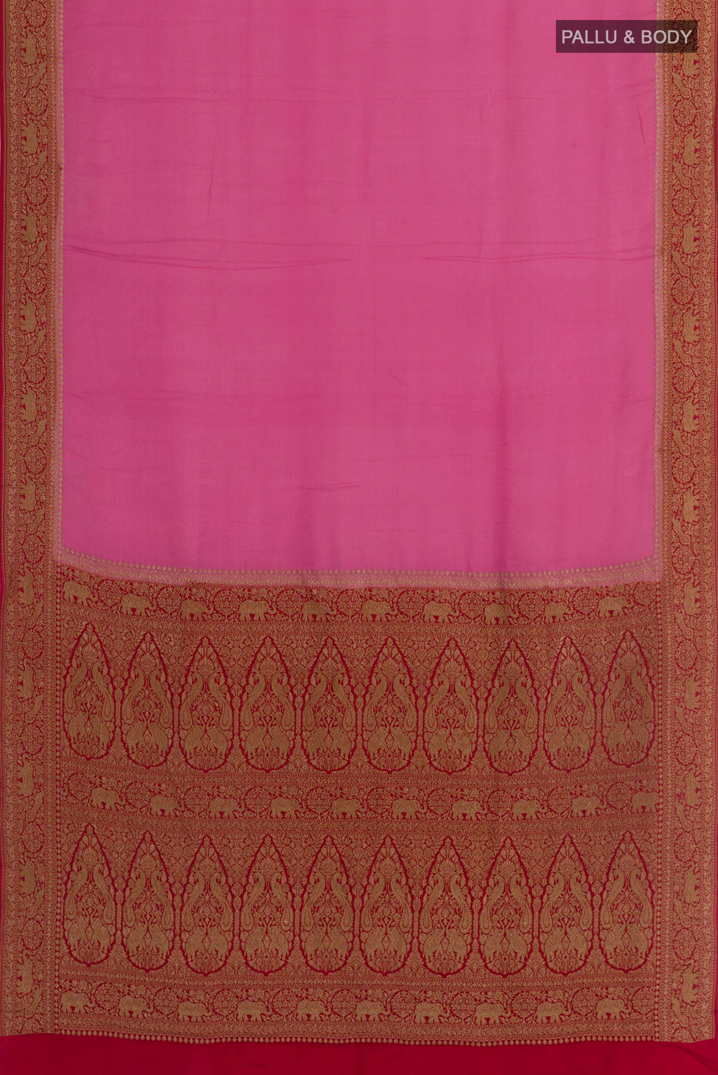 Flat view of Pink Banarasi Georgette Saree with Plain Body and Zari Border. 
