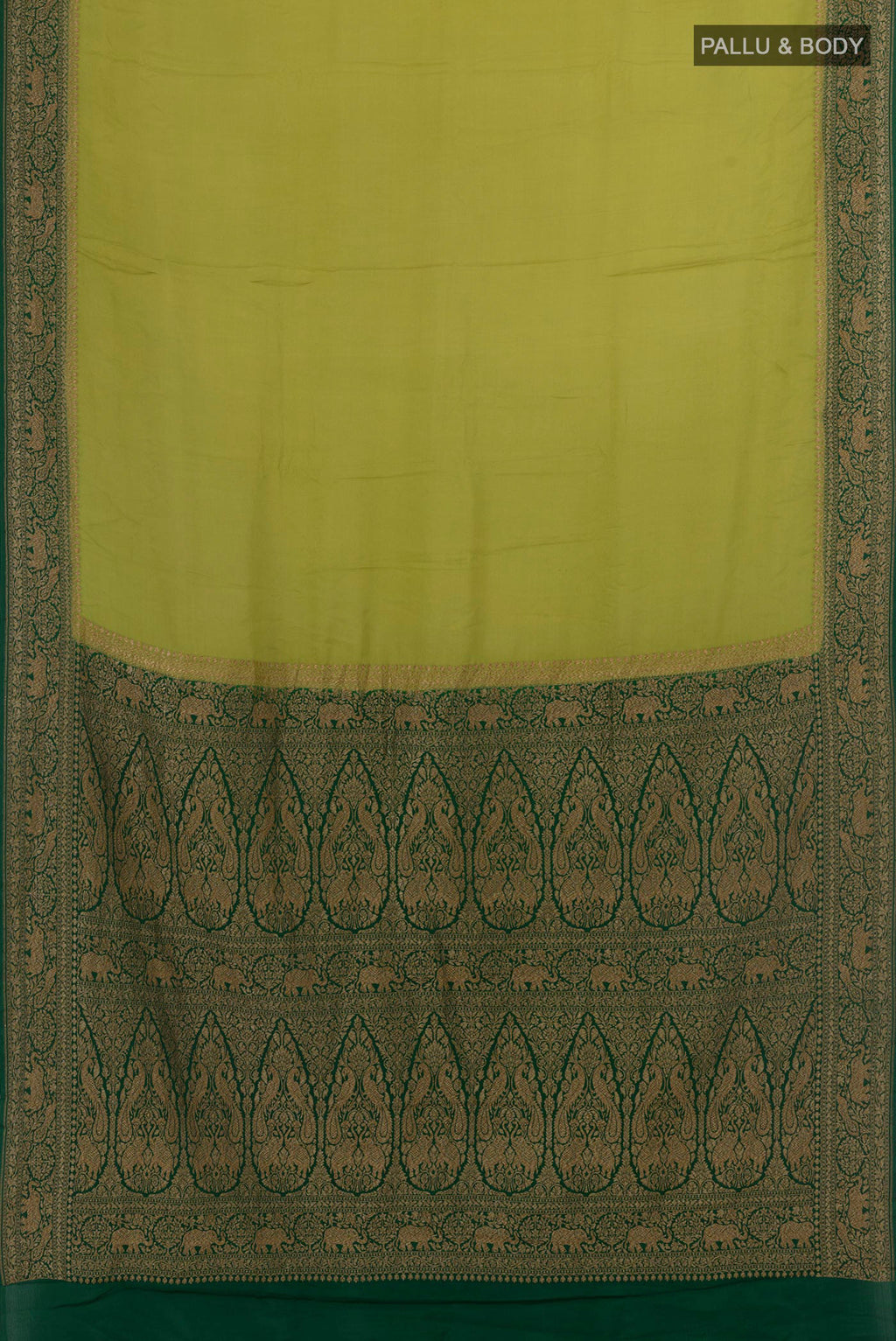 Flat view of Light Green Banarasi Georgette Saree with Plain Body and Zari Border. 