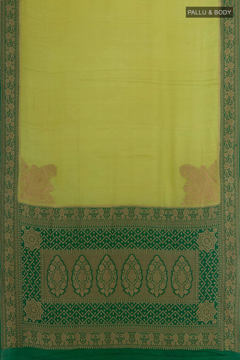 Flat view of Light Green Banarasi Georgette Saree with Plain Body and Zari Border. 