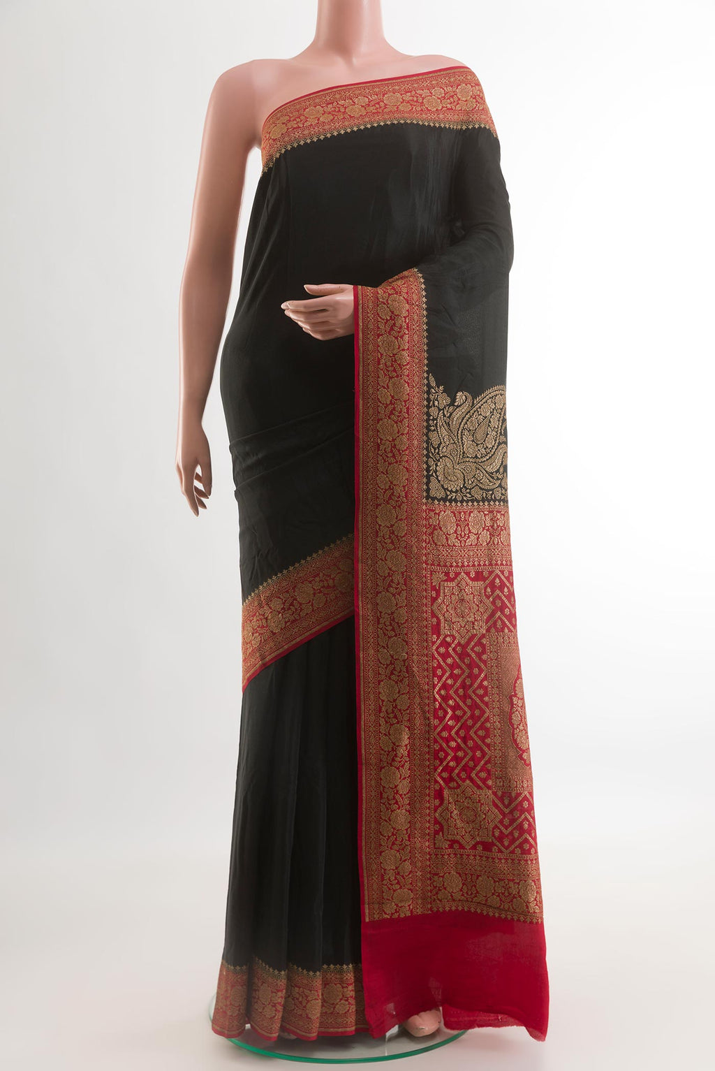 Black Banarasi Georgette Saree with Plain Body and Zari Border.  displayed on a mannequin