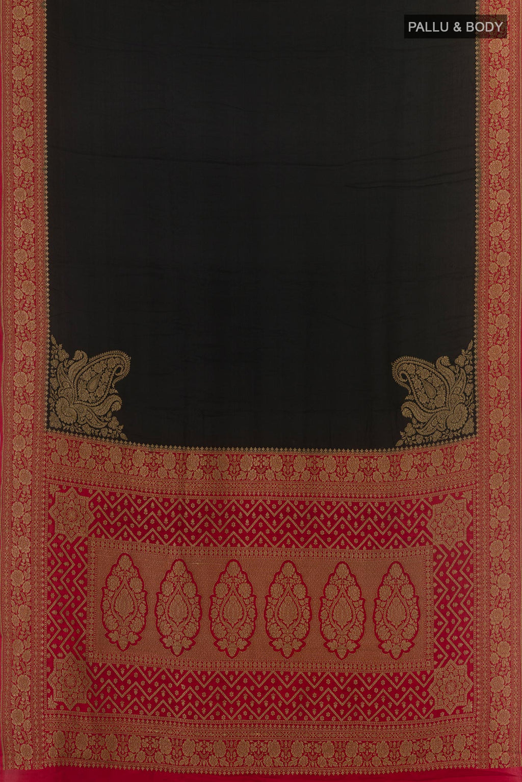 Flat view of Black Banarasi Georgette Saree with Plain Body and Zari Border. 