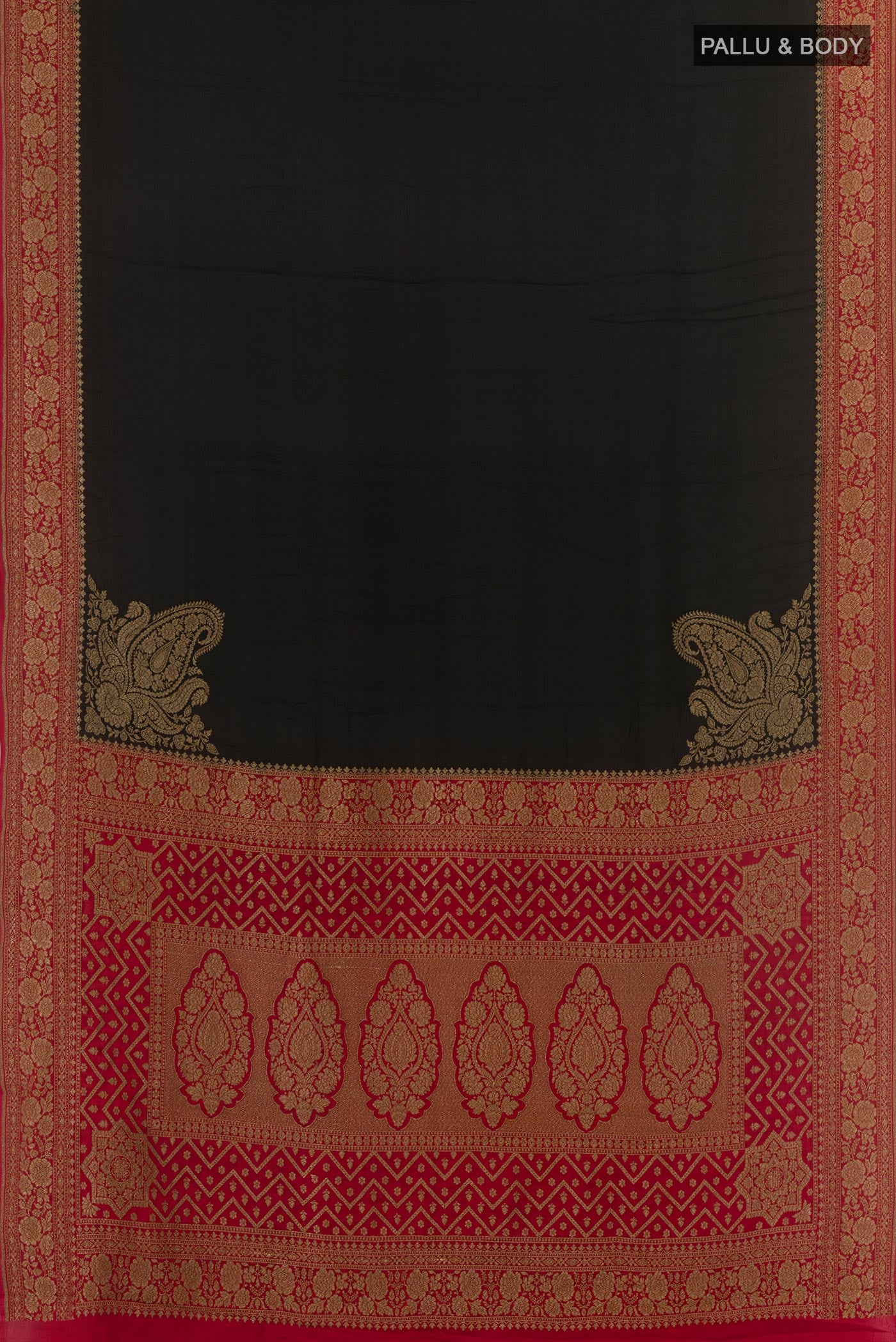 Flat view of Black Banarasi Georgette Saree with Plain Body and Zari Border. 