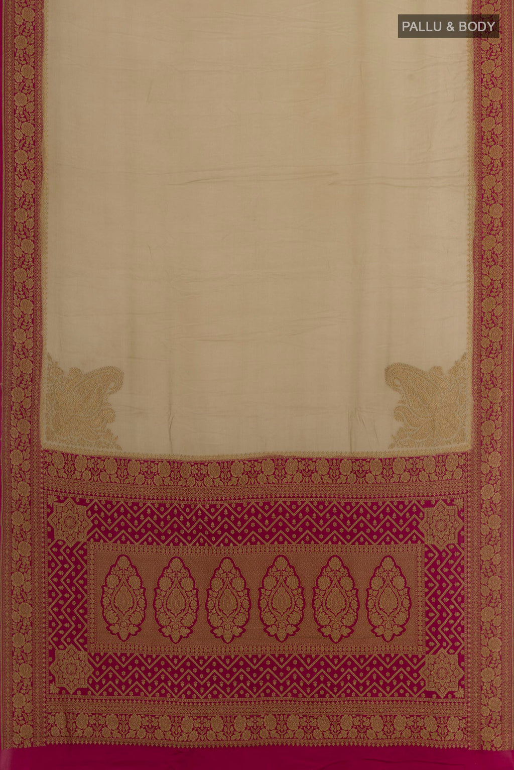 Flat view of Beige Banarasi Georgette Saree with Plain Body and Zari Border. 