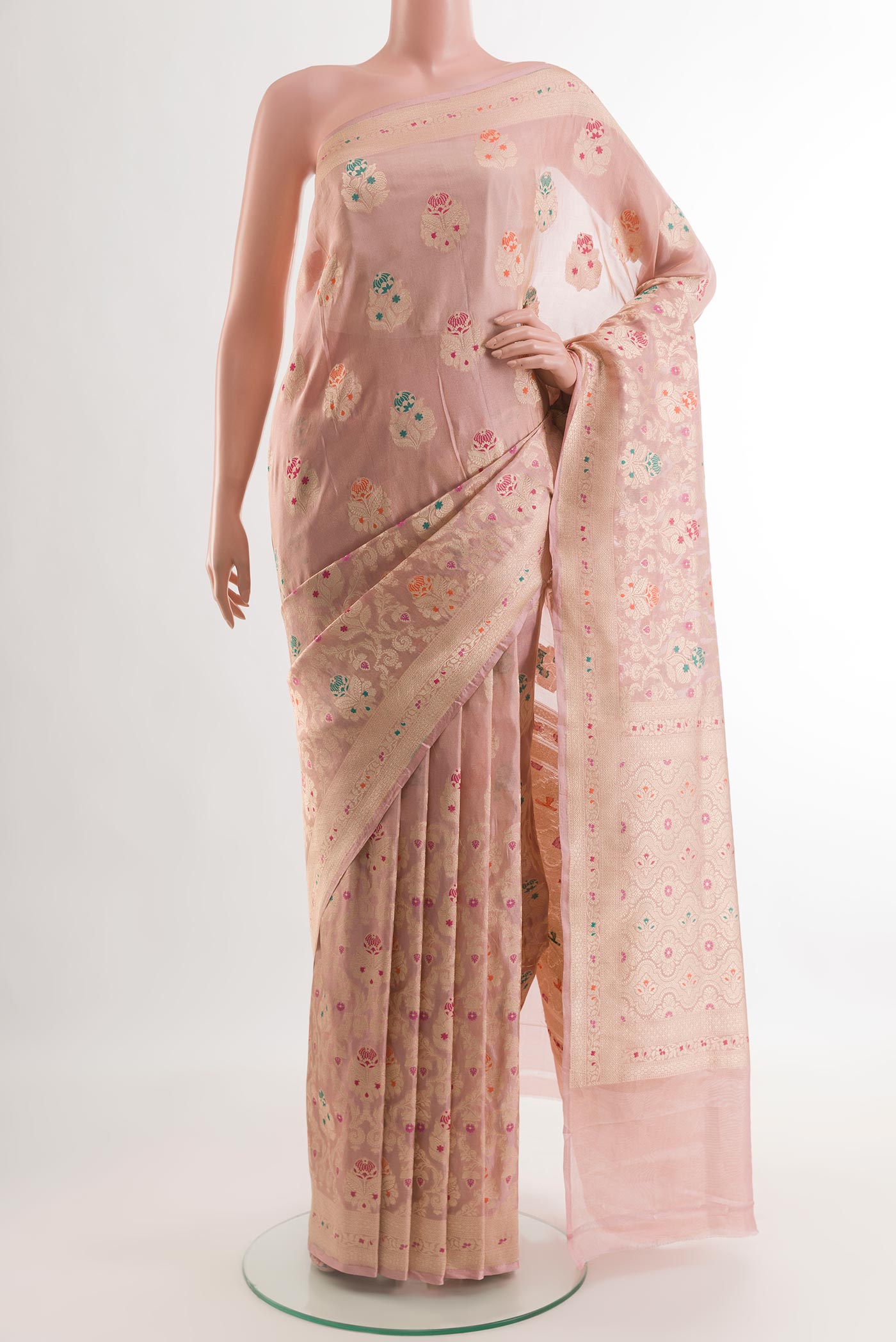 Peach Banarasi Silk Saree with Zari Brocade on the body and Zari Border.  displayed on a mannequin
