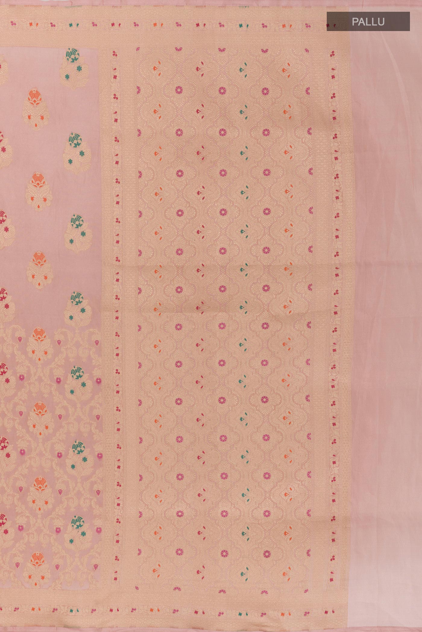 Close up image of the pallu of Peach Banarasi Silk Saree with Zari Brocade on the body and Zari Border. 