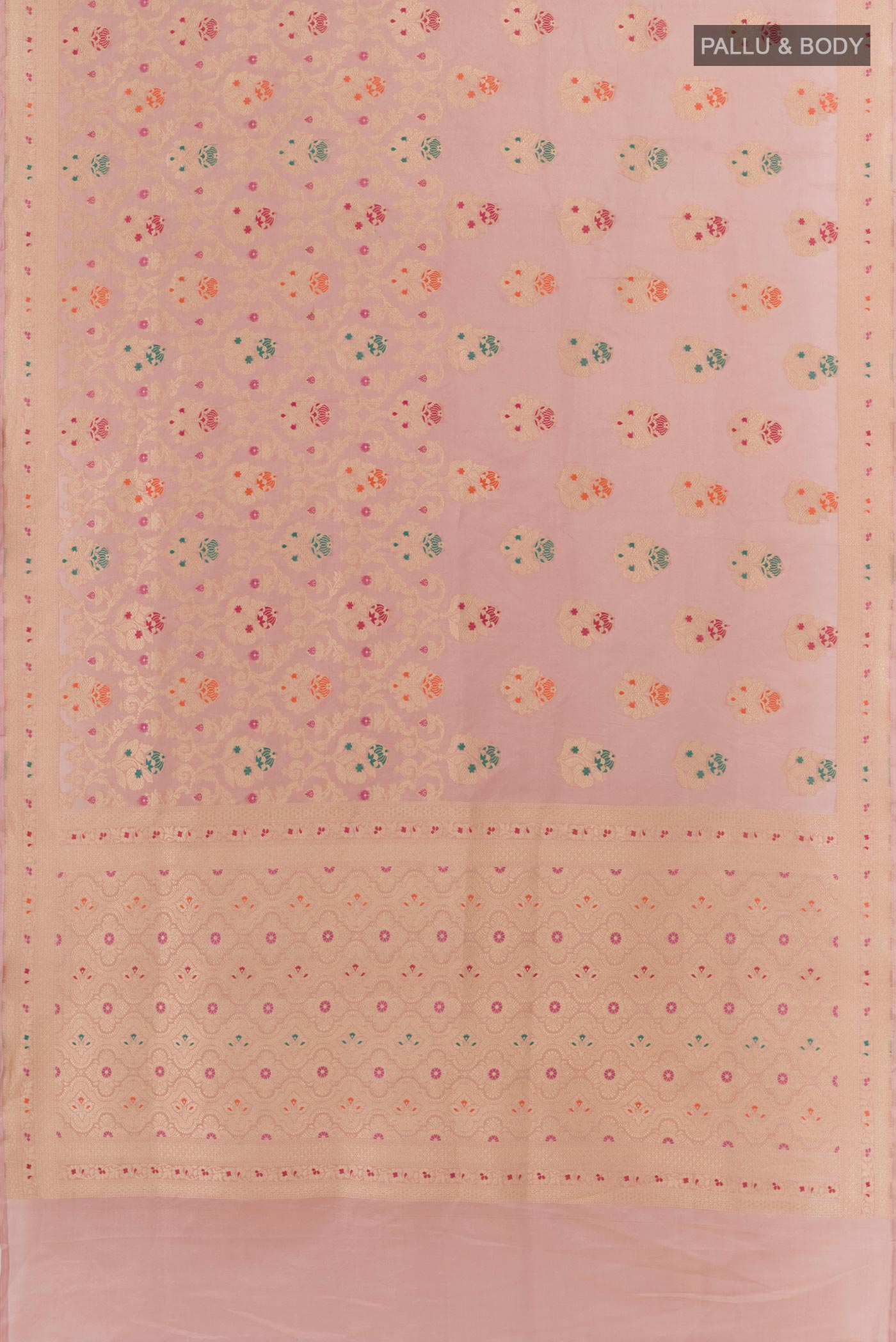 Flat view of Peach Banarasi Silk Saree with Zari Brocade on the body and Zari Border. 