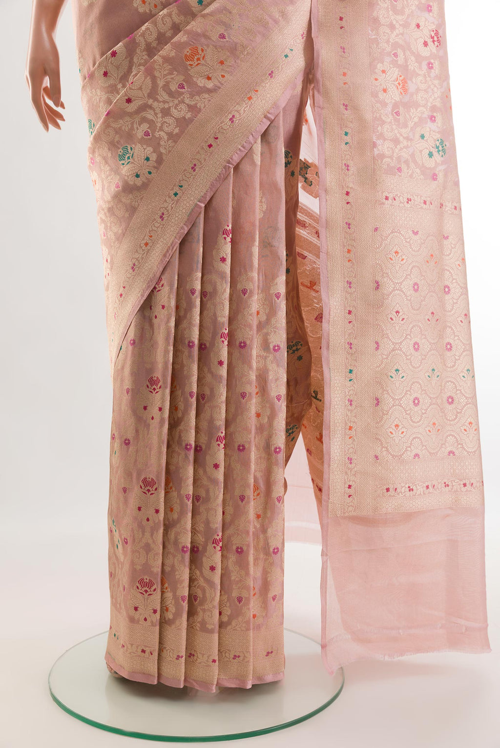 Pleats and pallu of Peach Banarasi Silk Saree with Zari Brocade on the body and Zari Border. 