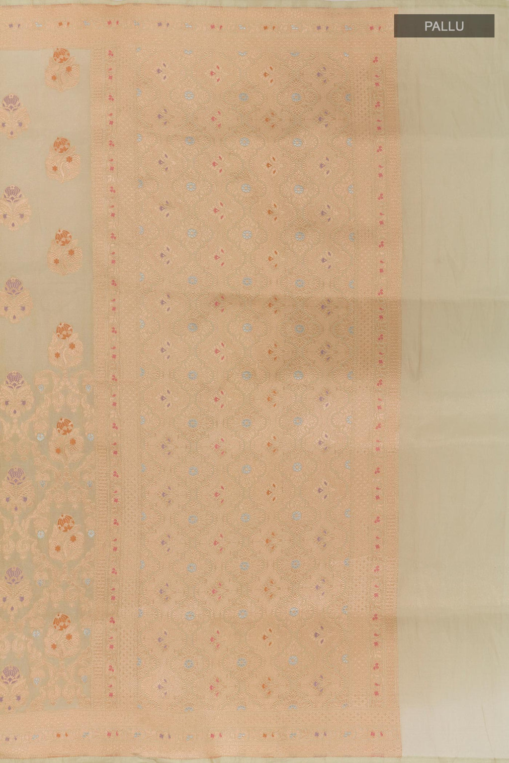 Close up image of the pallu of Light Green Banarasi Kora Silk Saree with Zari Brocade on the body and Zari Border. 