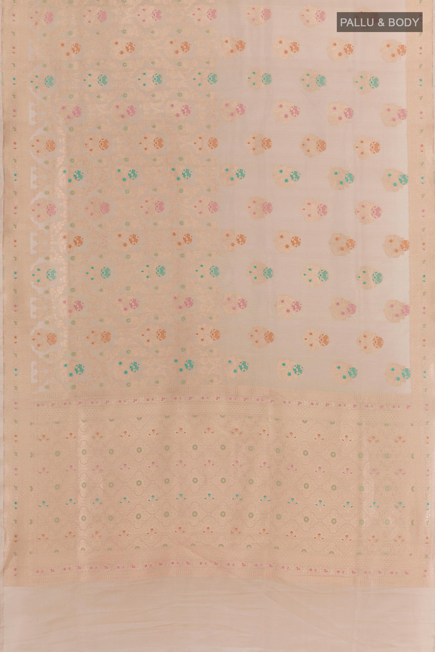 Flat view of Rose Gold Banarasi Kora Silk Saree with Zari Brocade on the body and Zari Border. 