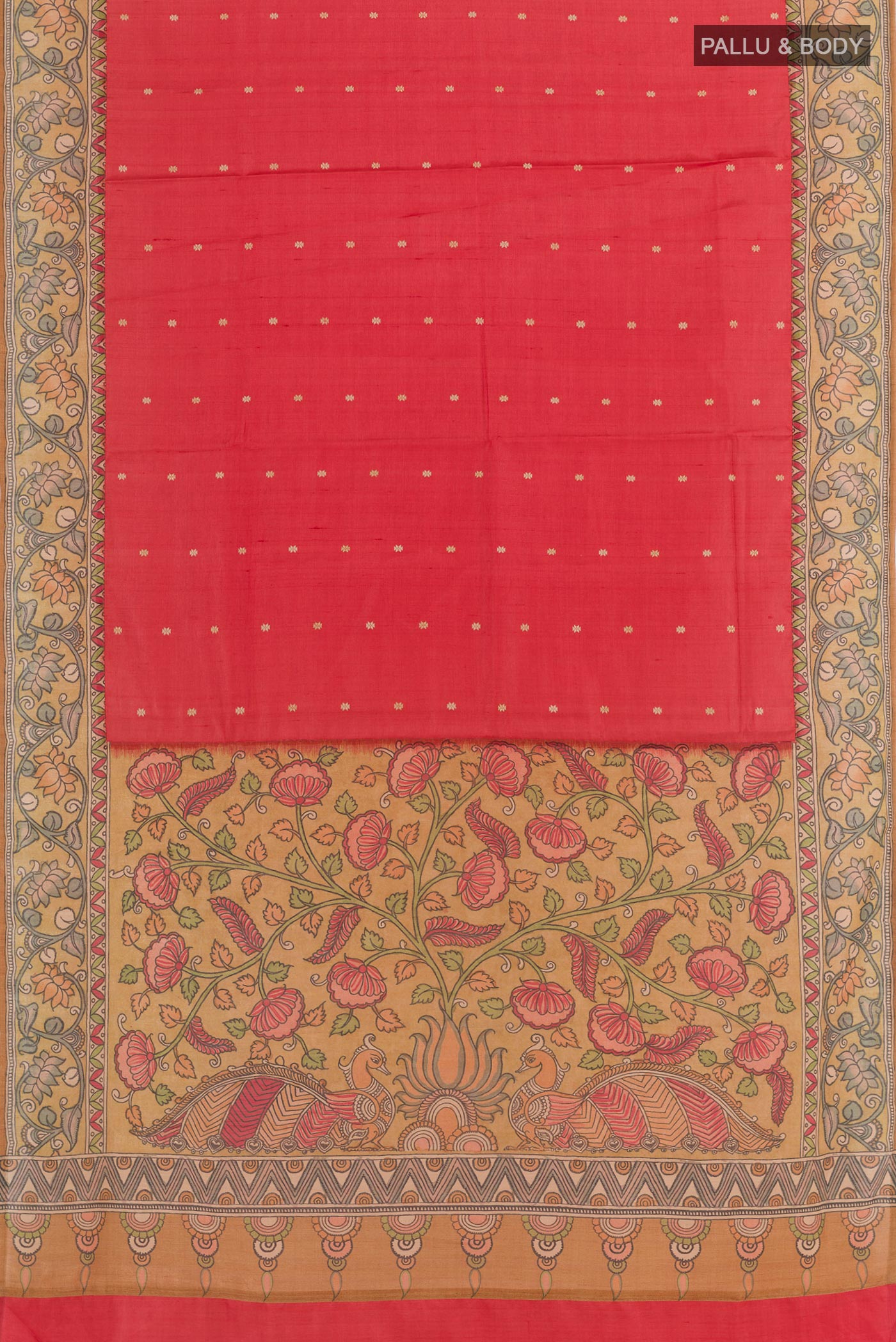 Flat view of Red Tussar Silk Saree with Embroidery on the body and Printed Border. 