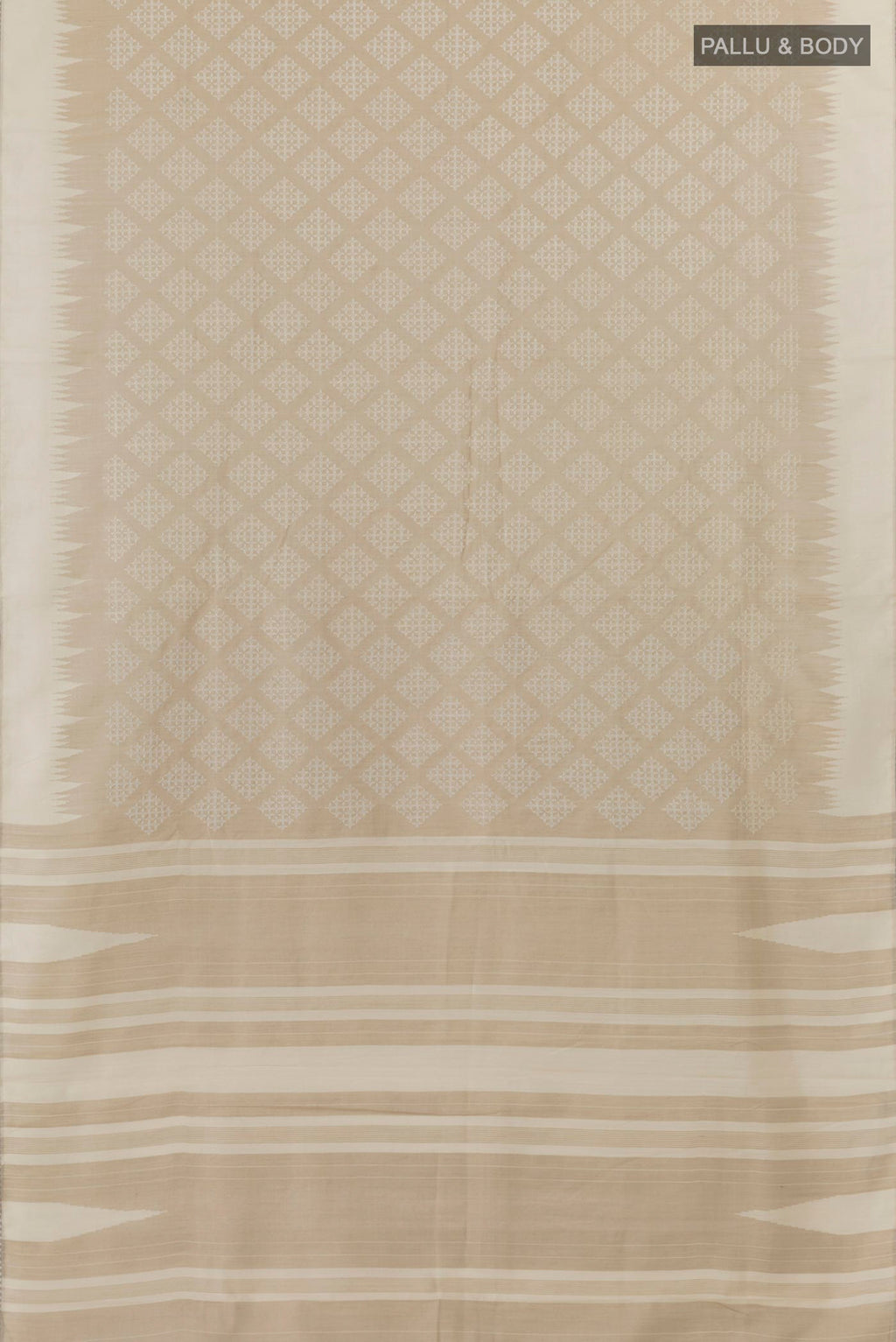 Flat view of Off White Tussar Silk Saree with Embroidery on the body and Embroidery Border. 