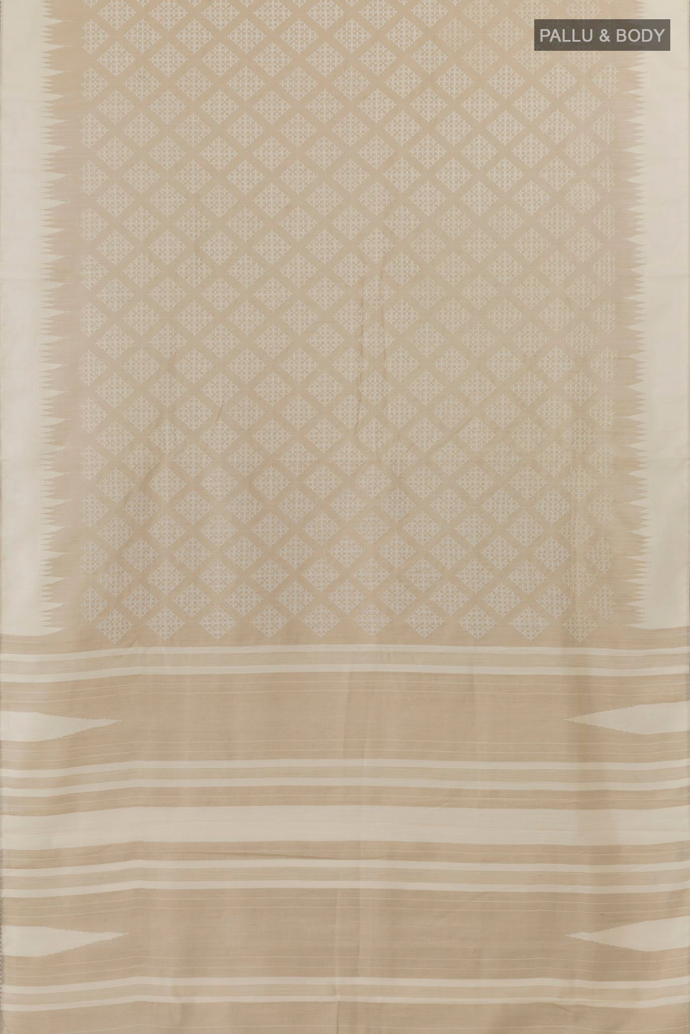 Flat view of Off White Tussar Silk Saree with Embroidery on the body and Embroidery Border. 