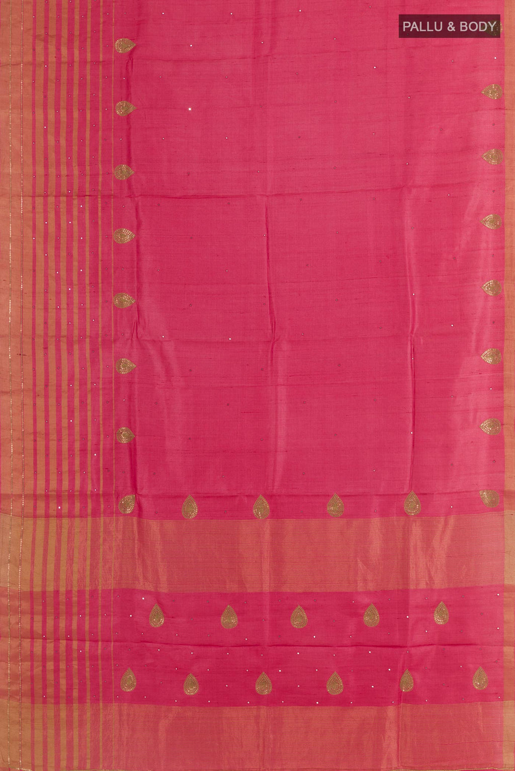 Flat view of Pink Tussar Silk Saree with Embroidery on the body and Embroidery Border. 