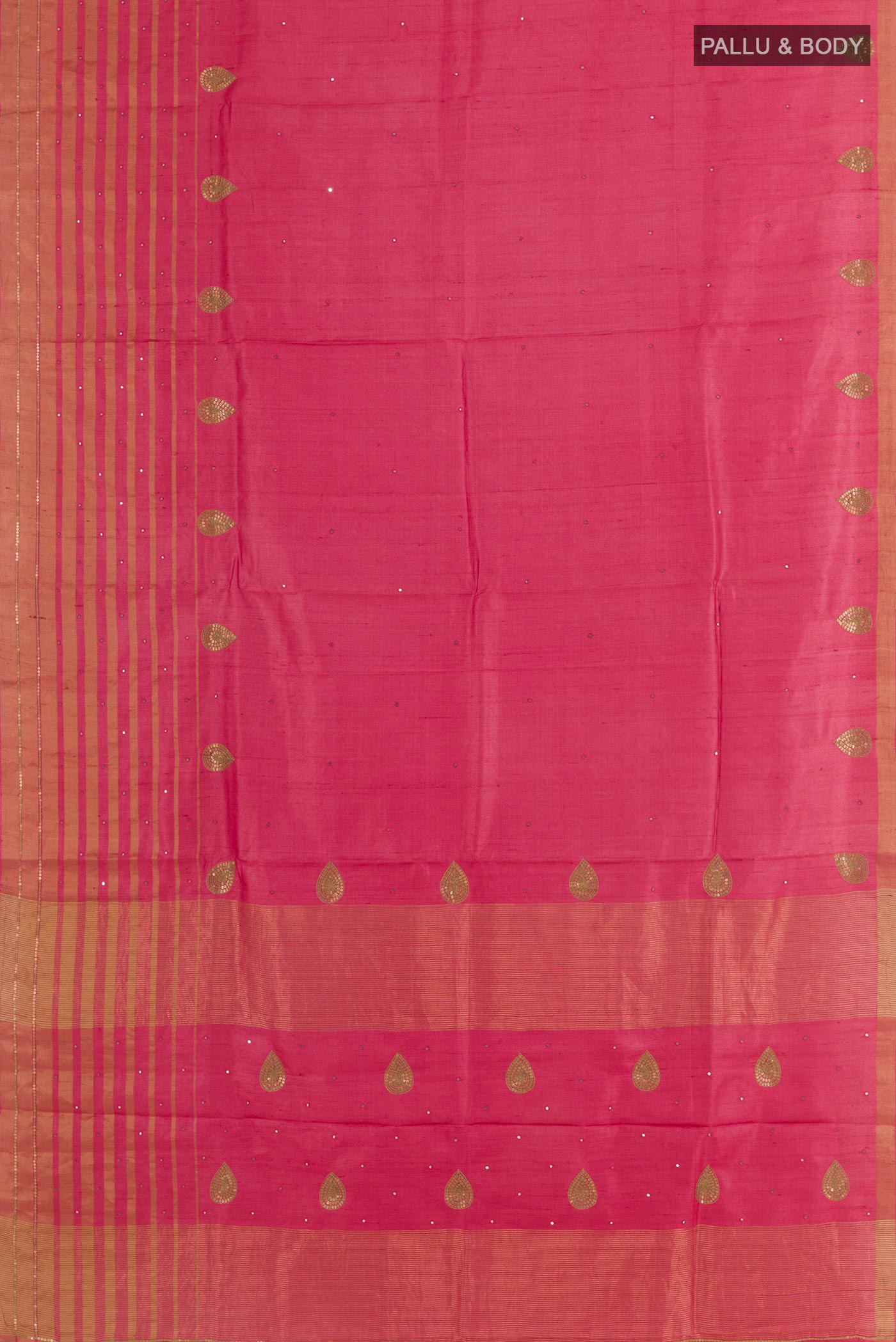 Flat view of Pink Tussar Silk Saree with Embroidery on the body and Embroidery Border. 