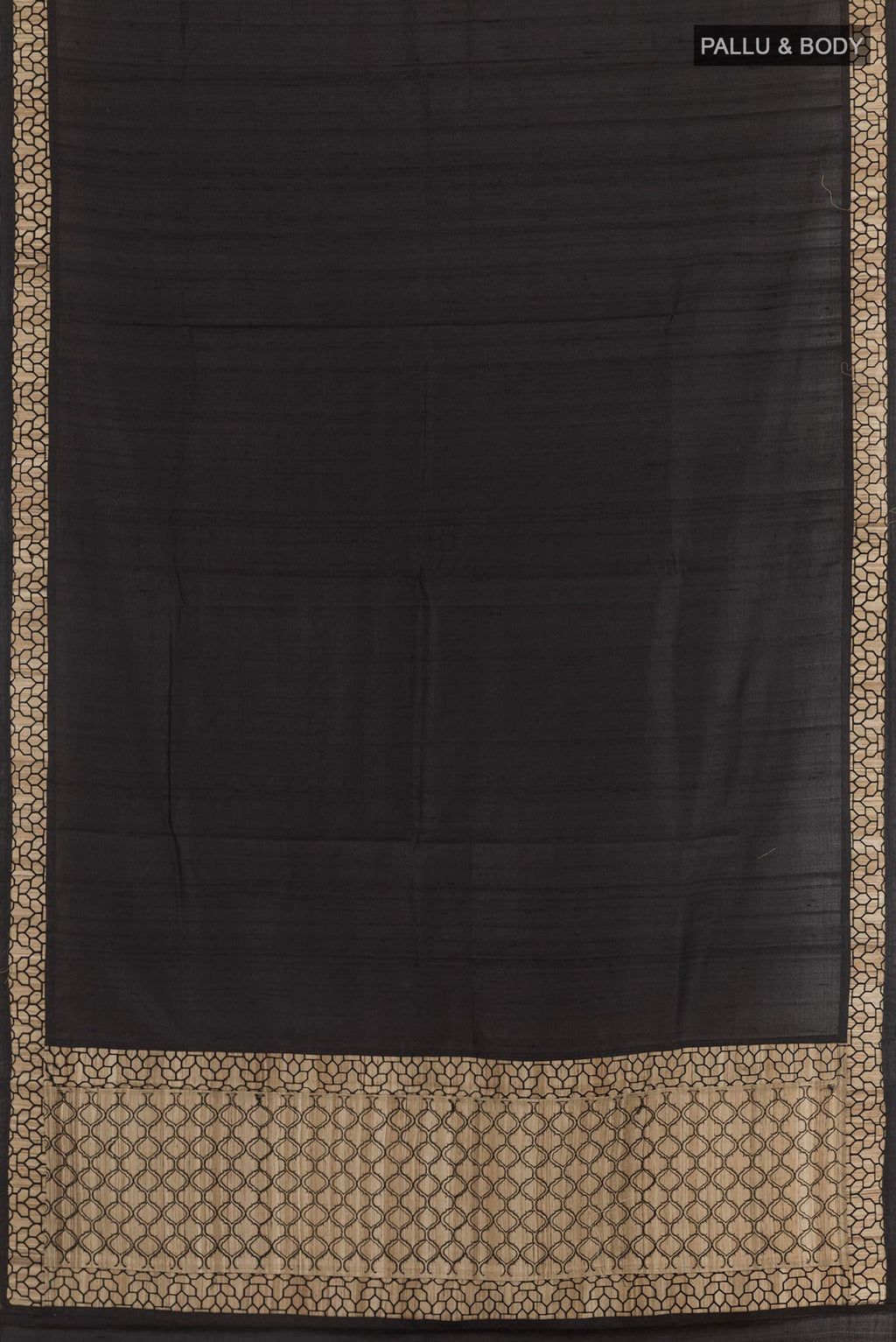 Flat view of Black Tussar Silk Saree with Plain Body and Fancy Border. 
