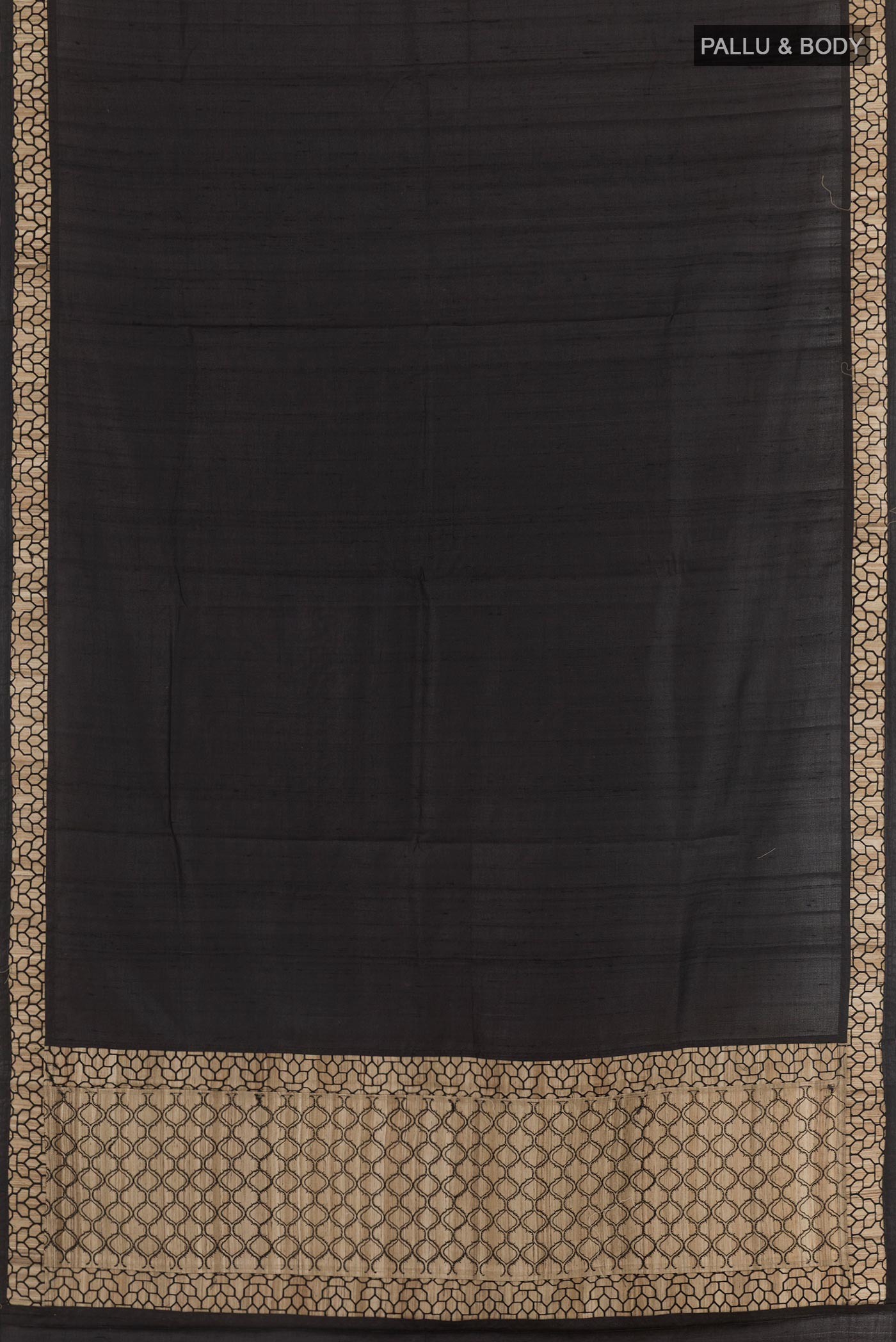Flat view of Black Tussar Silk Saree with Plain Body and Fancy Border. 