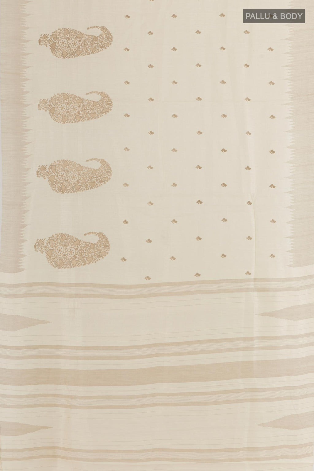 Flat view of Cream Tussar Silk Saree with Embroidery on the body and Embroidery Border. 
