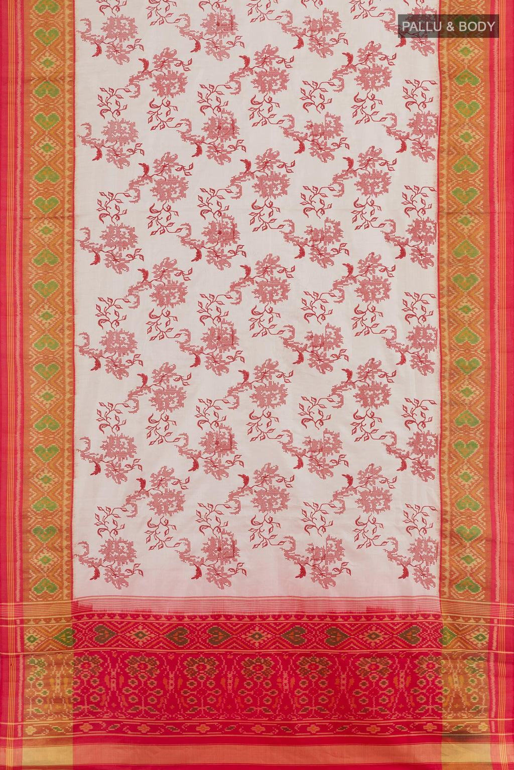 Flat view of Beige Pochampally Silk Saree with Embroidery on the body and Ikat Border. 