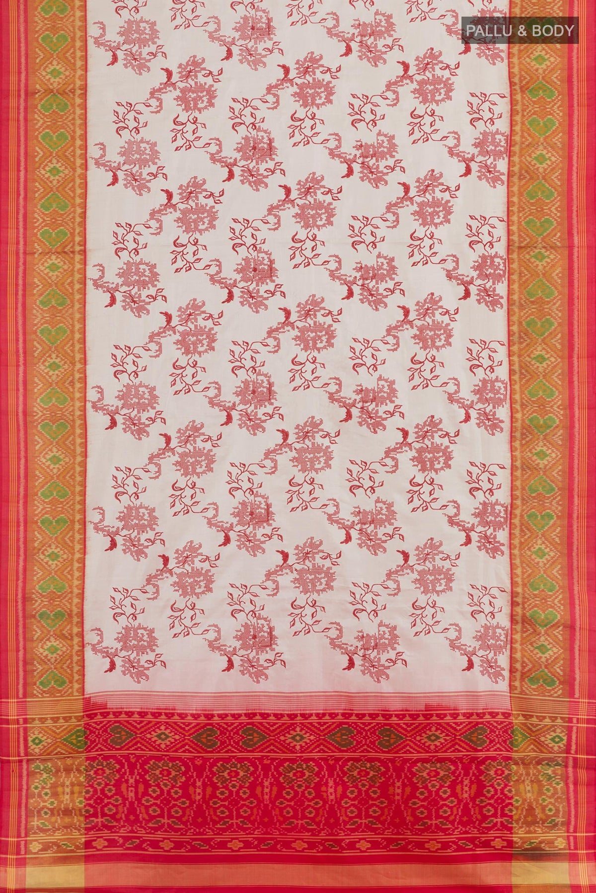 Flat view of Beige Pochampally Silk Saree with Embroidery on the body and Ikat Border. 