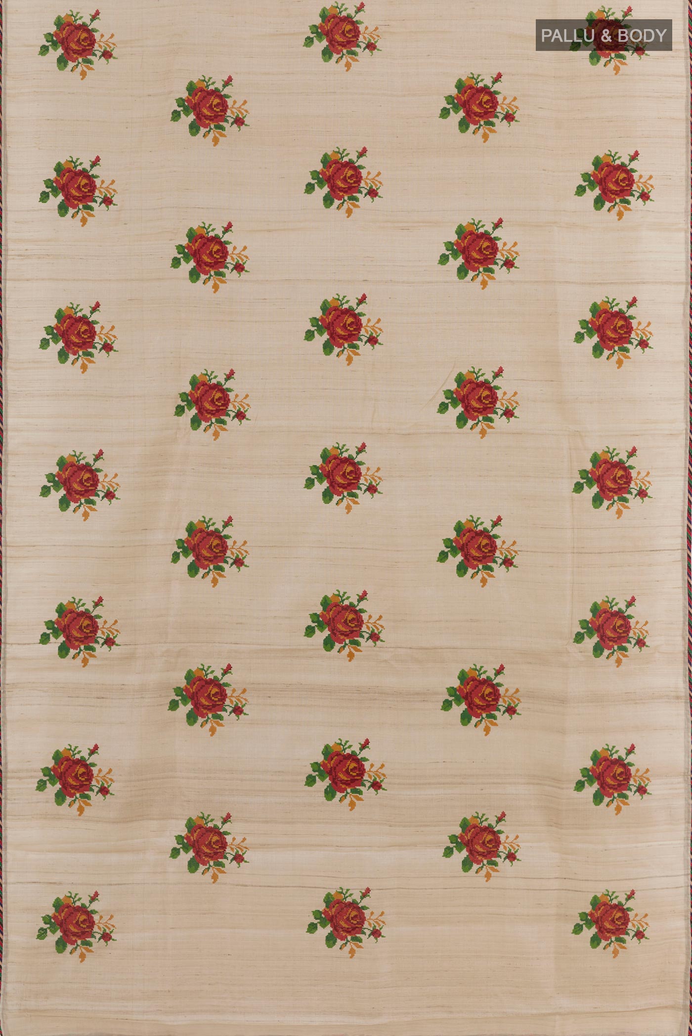Flat view of Beige Tussar Silk Saree with Embroidery on the body and Embroidery Border. 