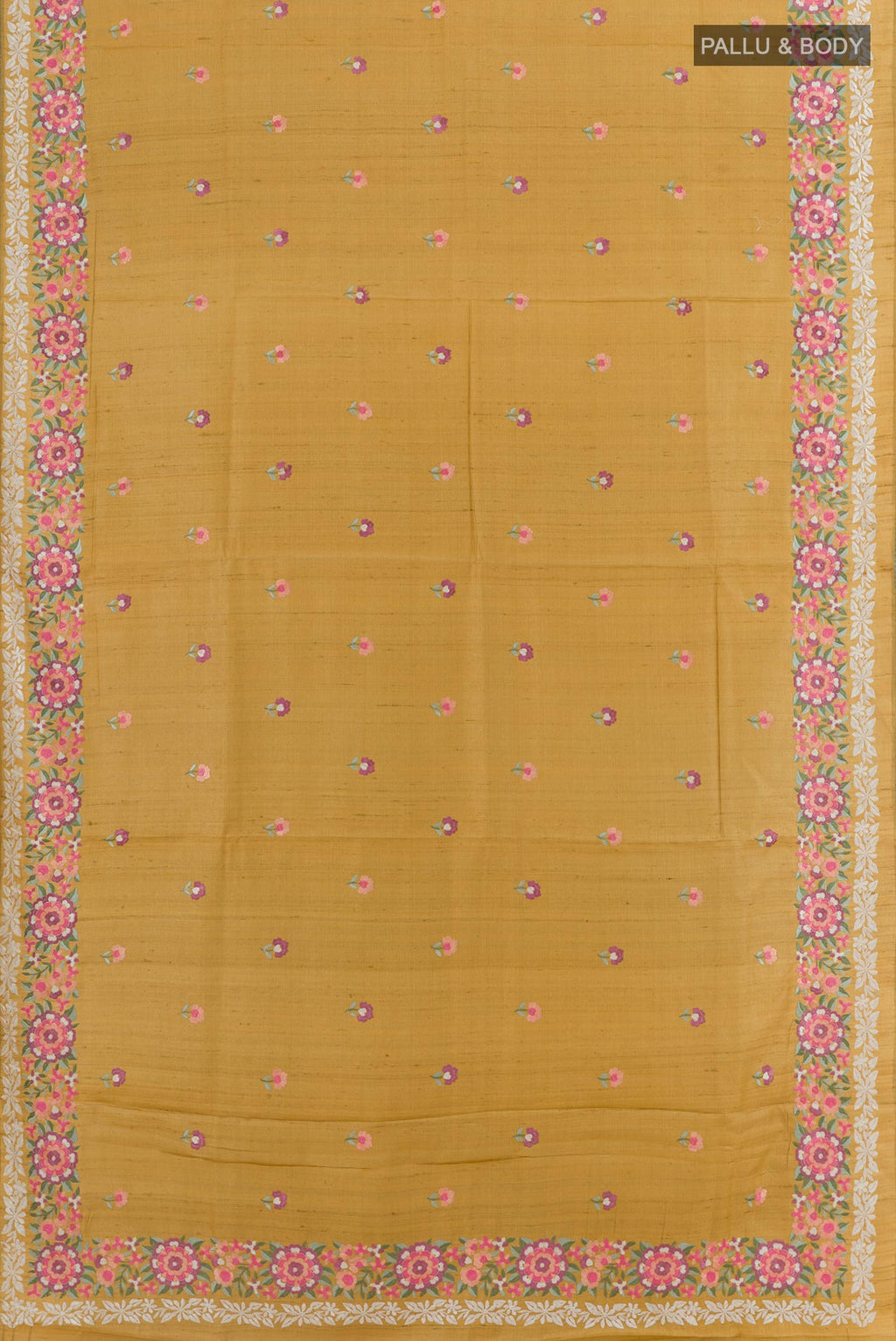 Flat view of Mustard Tussar Silk Saree with Embroidery on the body and Embroidery Border. 