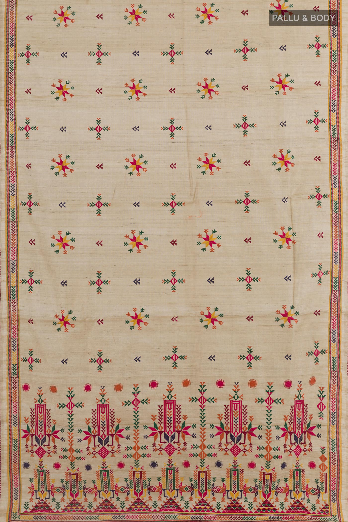 Flat view of Beige Tussar Silk Saree with Embroidery on the body and Embroidery Border. 