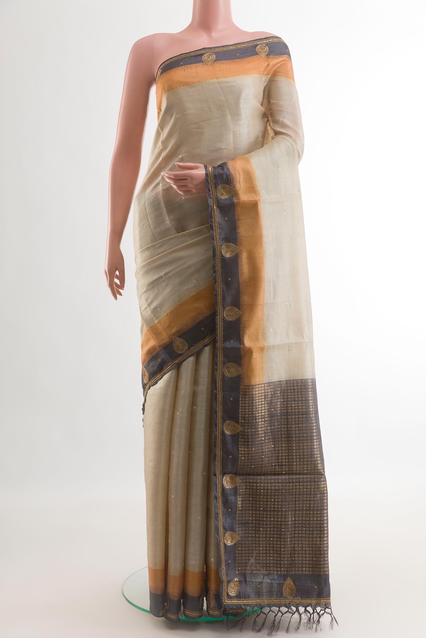 Beige Tussar Silk Saree with Embroidery on the body and Embroidery Border.  displayed on a mannequin
