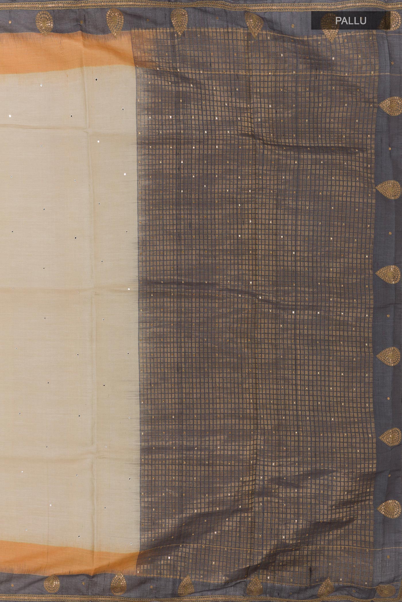 Close up image of the pallu of Beige Tussar Silk Saree with Embroidery on the body and Embroidery Border. 