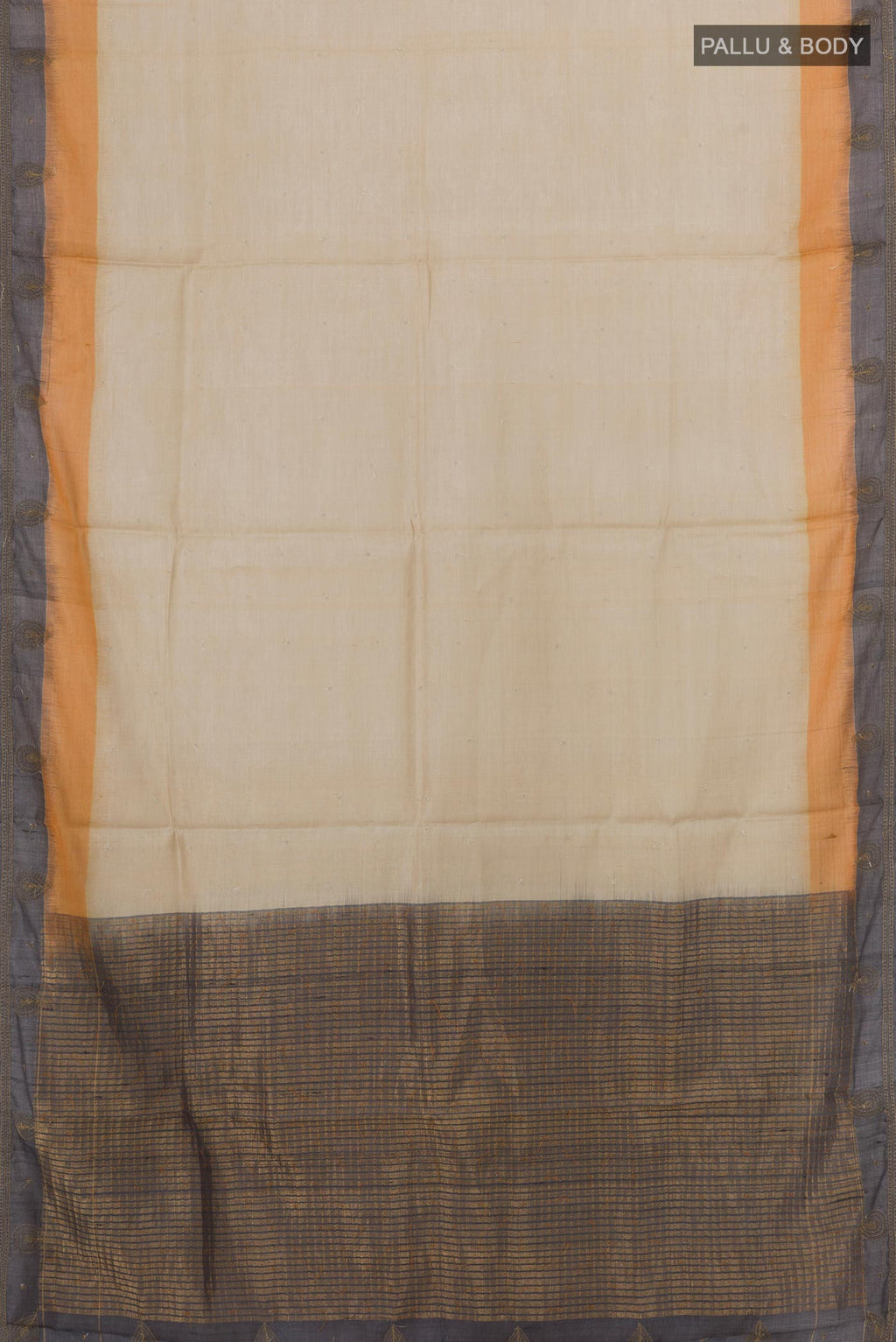 Flat view of Beige Tussar Silk Saree with Embroidery on the body and Embroidery Border. 